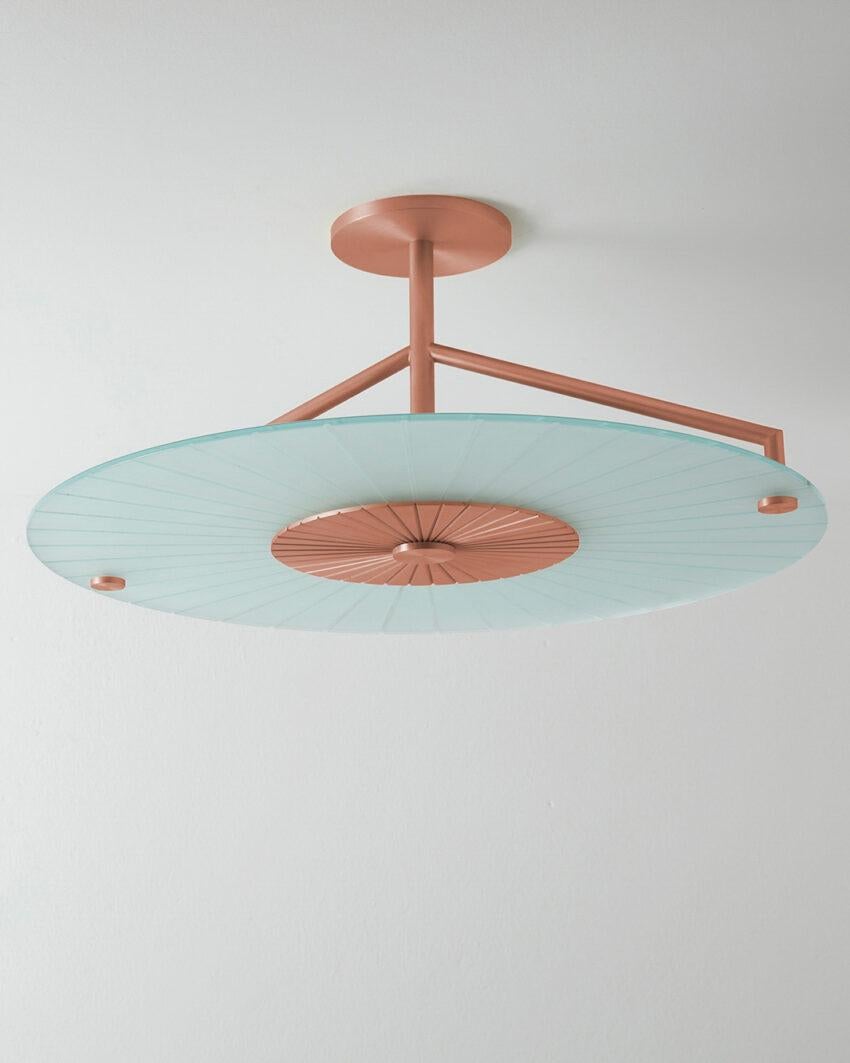 Maiko Brushed Copper Ceiling Mounted Lamp by Carla Baz
Dimensions: Ø 63 x H 27 cm.
Materials: Brushed copper and clear glass.
Weight: 8 kg.

Available in verdigris metal, brushed brass, copper or bronze finishes. Please contact us. 

Maiko lighting