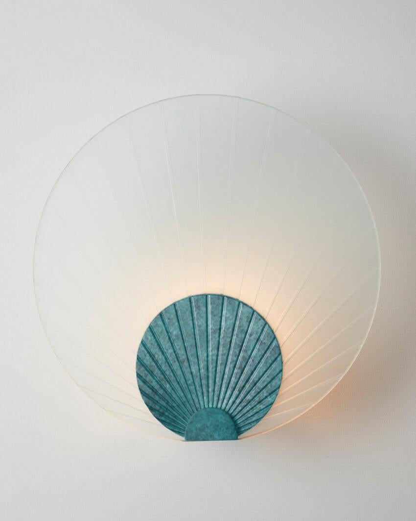 Brushed Maiko Clear Glass And Verdigris Wall Mounted Lamp by Carla Baz For Sale