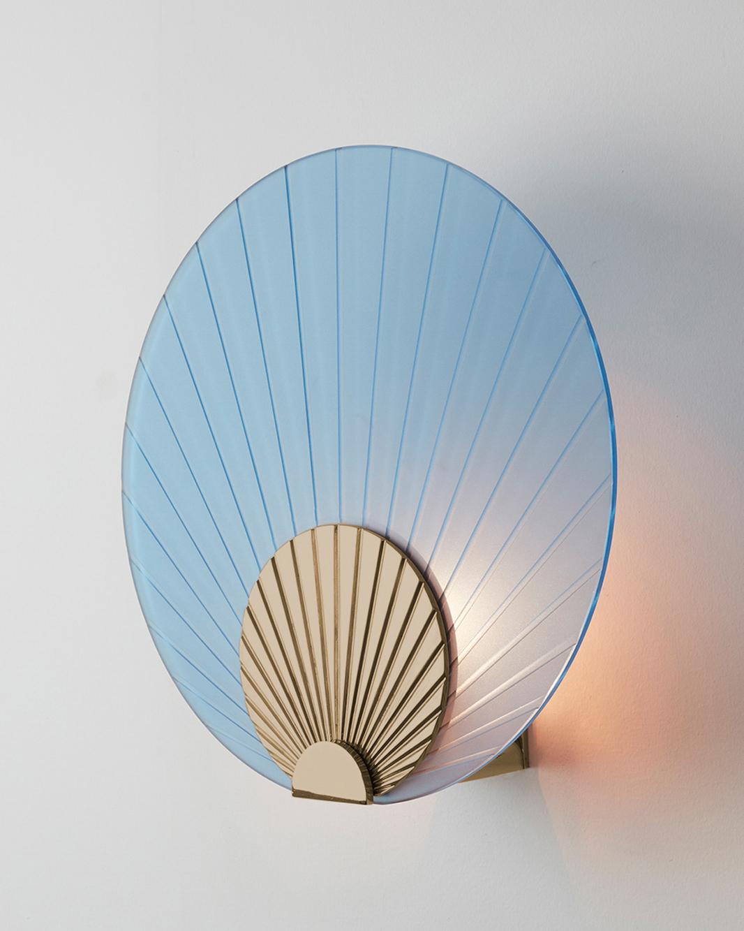 Contemporary Maiko Indigo Glass And Polished Brass Wall Mounted Lamp by Carla Baz For Sale