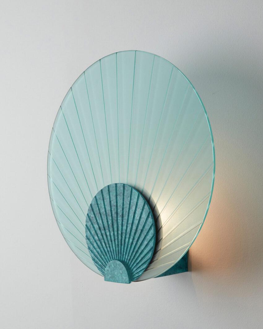 Maiko Mint Glass And Verdigris Wall Mounted Lamp by Carla Baz
Dimensions: Ø 35 x D 14 cm.
Materials: Verdigris and mint glass.
Weight: 3,5 kg.

Available in different finishes: verdigris metal, brushed brass, brushed copper, brushed bronze, brushed