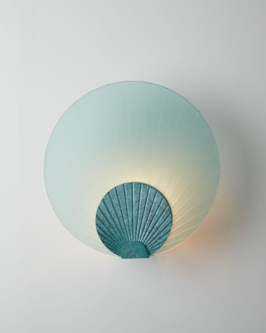 Brushed Handmade Fan-Shaped Mint Glass Verdigris Brass Wall Mounted Lamp Maiko Carla Baz For Sale