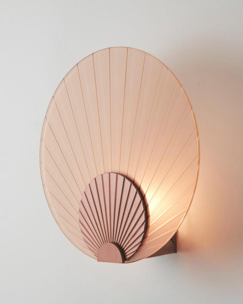 Contemporary Maiko Peach Glass And Brushed Copper Wall Mounted Lamp by Carla Baz For Sale