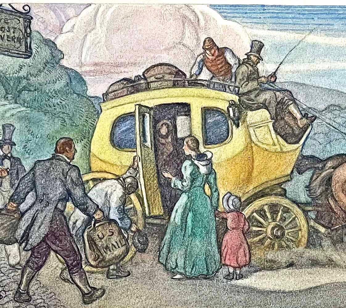 An evocative and atmospheric example of WPA mural painting, this large study in watercolor and crayon depicts a stagecoach being loaded with mail and passengers for the journey from Lynn to Lowell in Massachusetts.  The coach is a vivid yellow, the