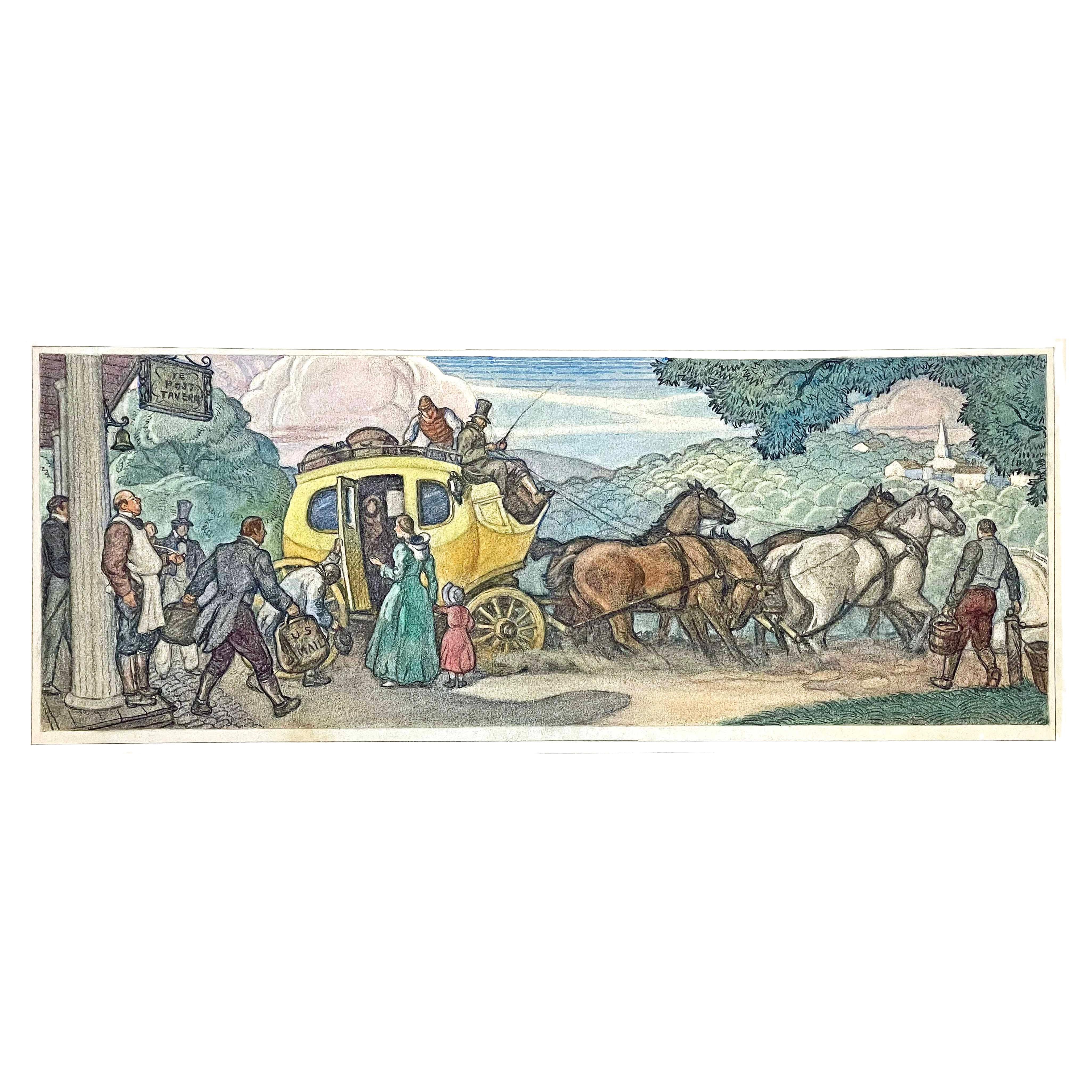 "Mail by Stagecoach, Lynn to Lowell", WPA Mural Study by Aiden Ripley For Sale