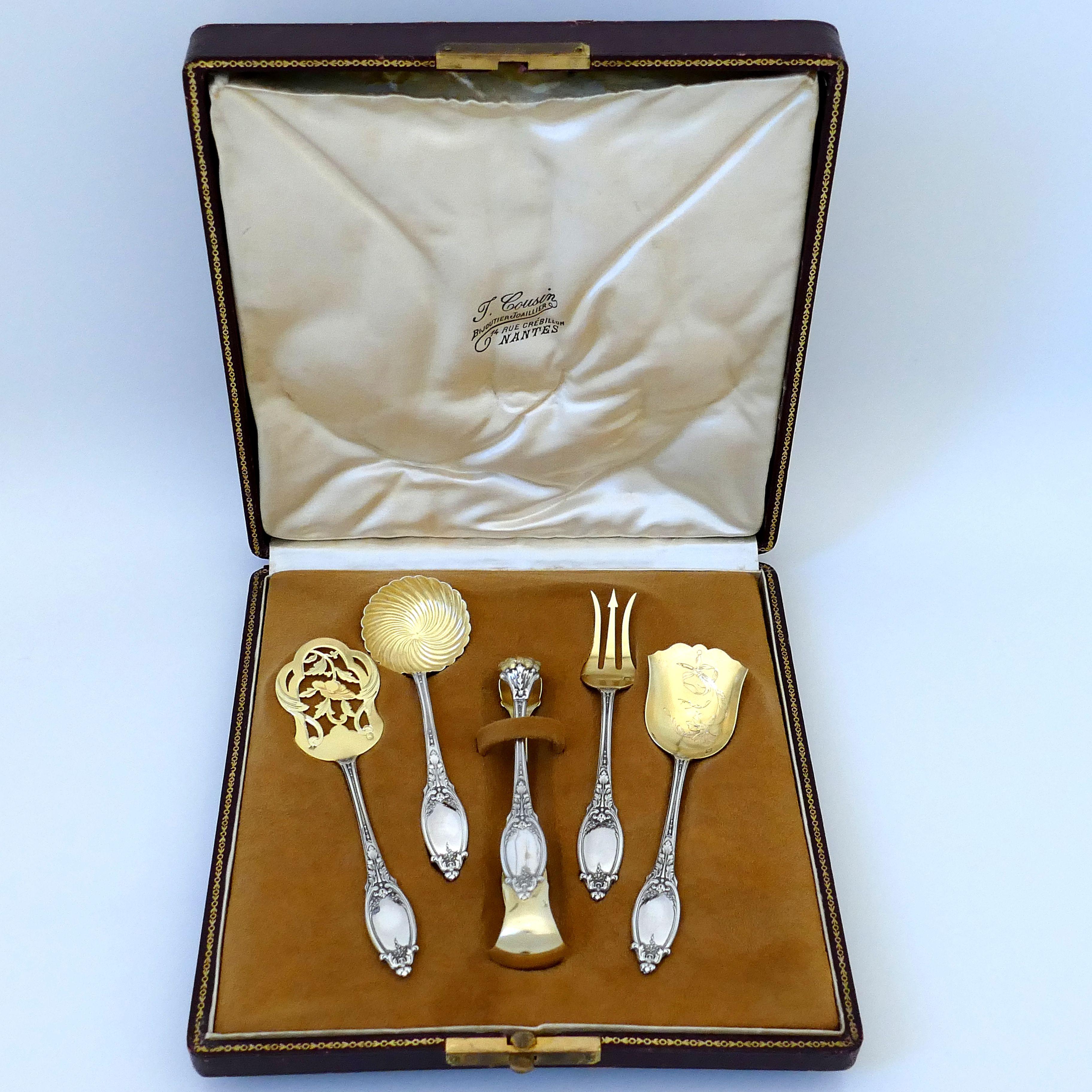 Maillard French All Sterling Silver 18-Karat Gold Hors D'oeuvre Dessert 5 Pc Box For Sale 9