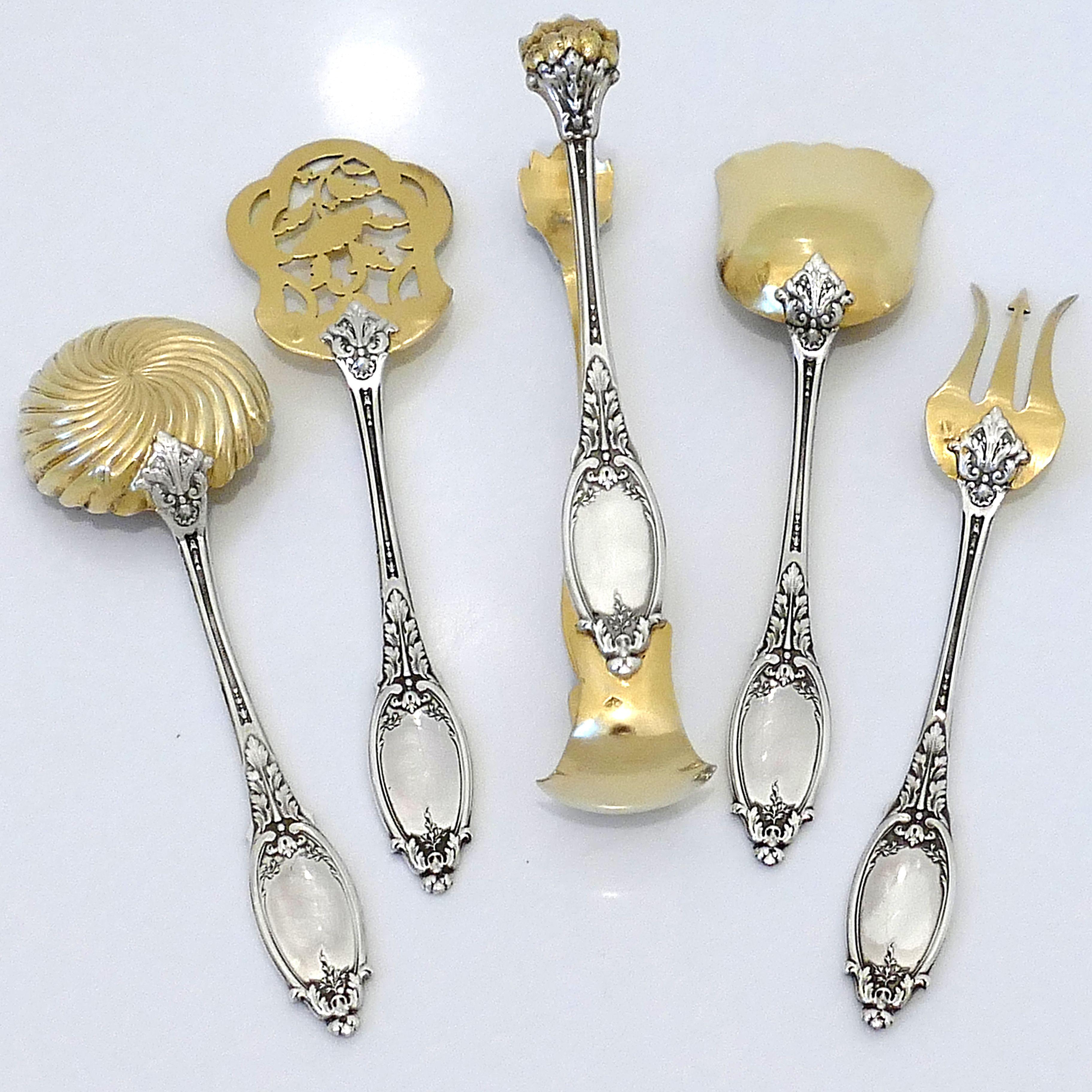 Neoclassical Maillard French All Sterling Silver 18-Karat Gold Hors D'oeuvre Dessert 5 Pc Box For Sale