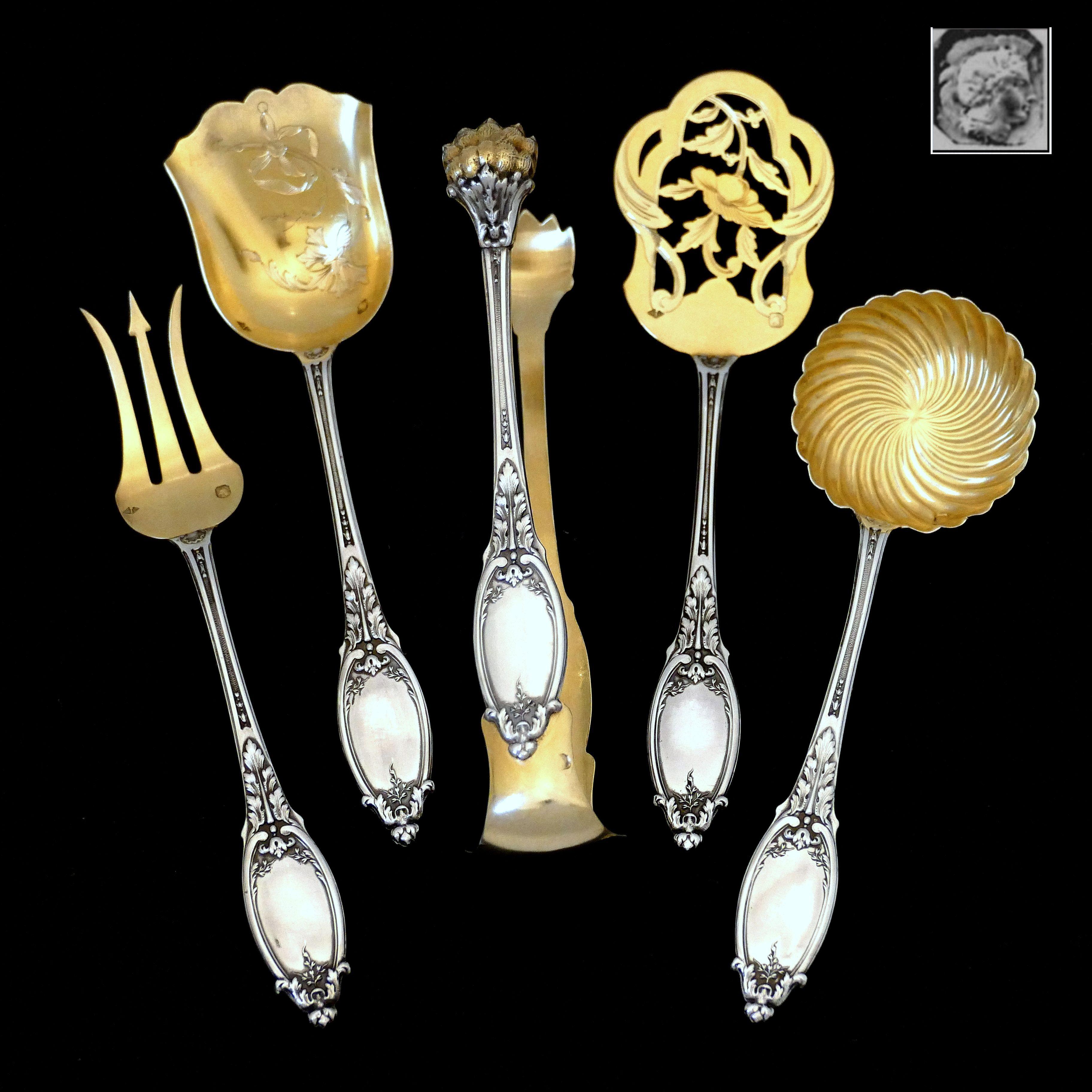 Late 19th Century Maillard French All Sterling Silver 18-Karat Gold Hors D'oeuvre Dessert 5 Pc Box For Sale