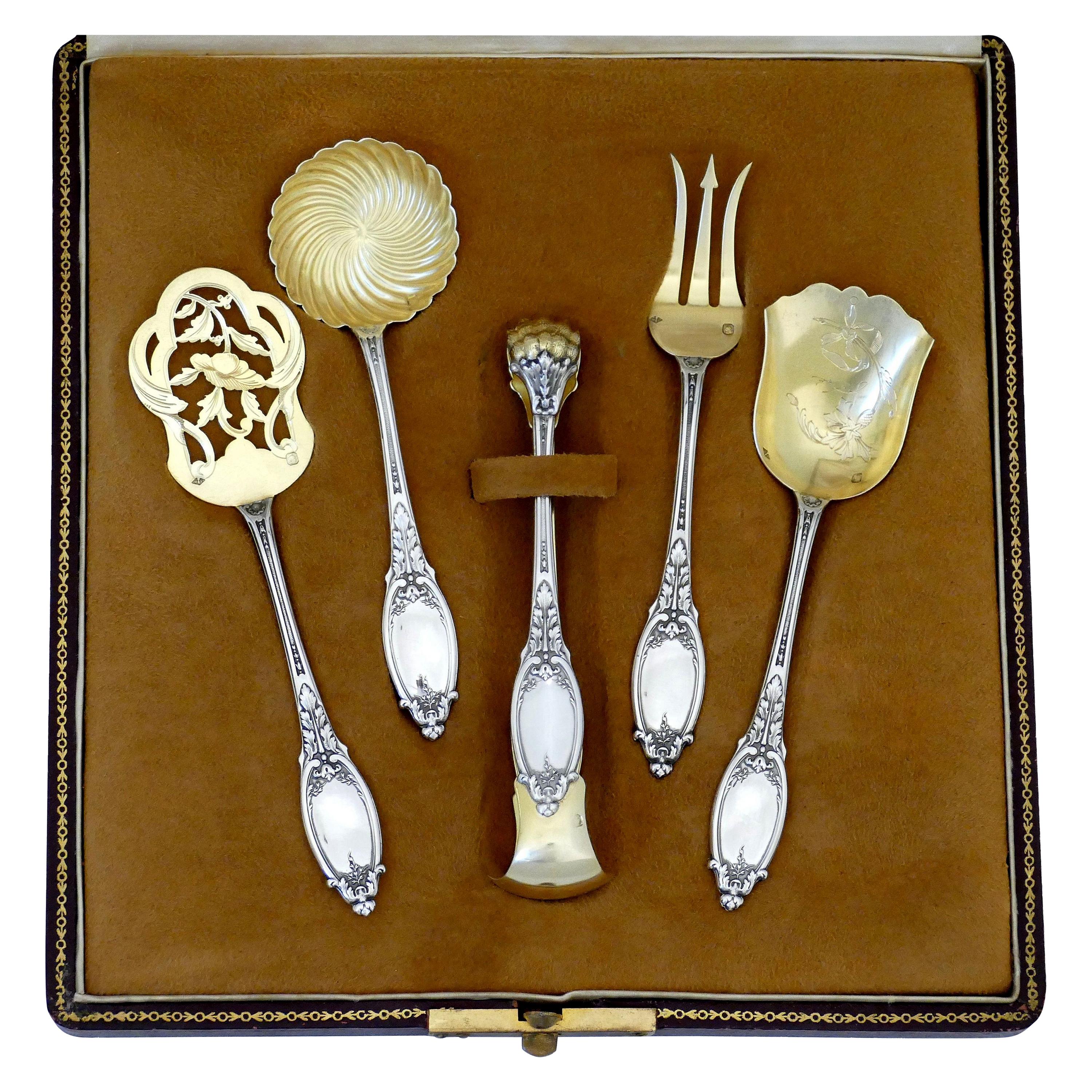 Maillard French All Sterling Silver 18-Karat Gold Hors D'oeuvre Dessert 5 Pc Box For Sale