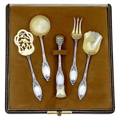 Maillard French All Sterling Silver 18-Karat Gold Hors D'oeuvre Dessert 5 Pc Box