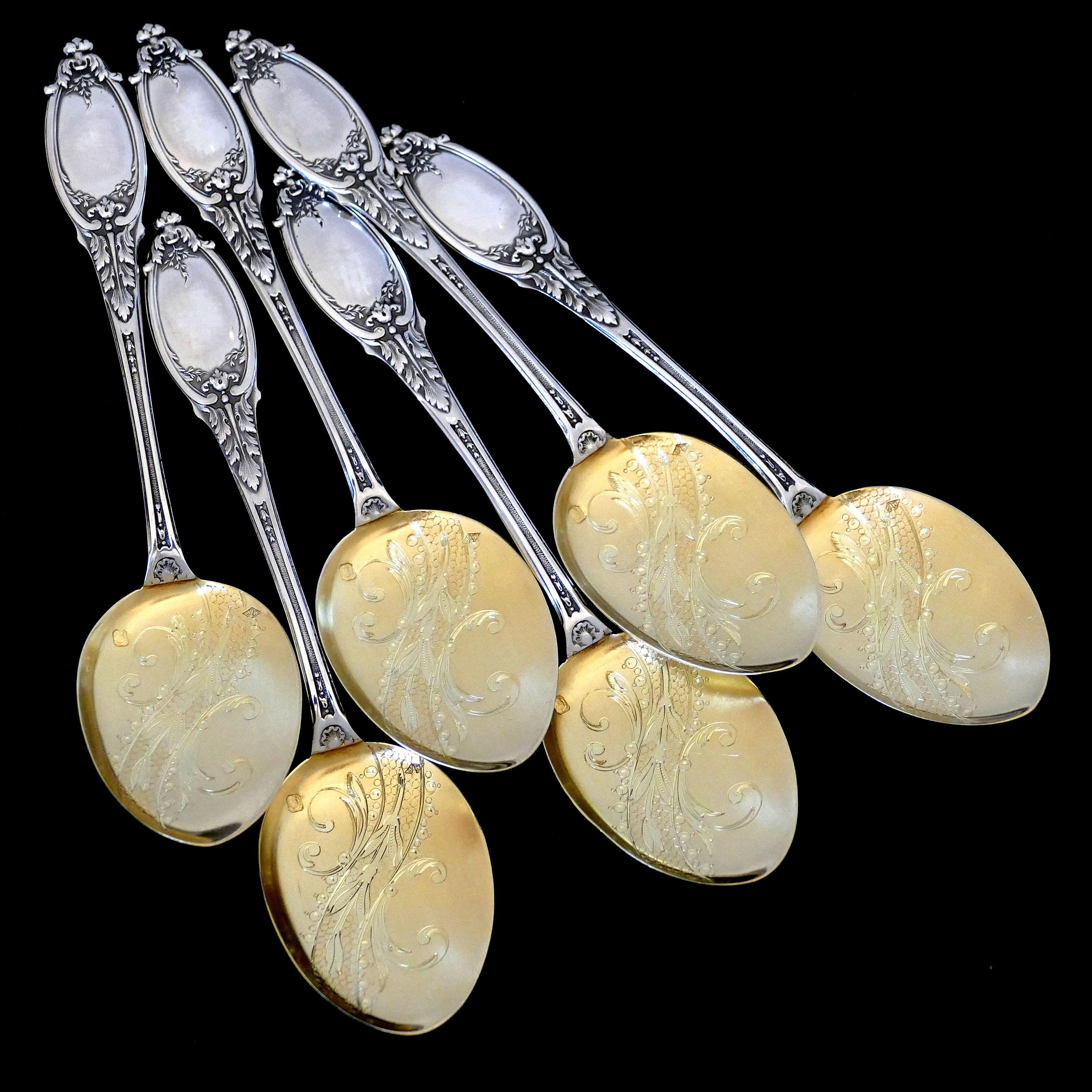 Maillard French Sterling Silver 18-Karat Gold Ice Cream Spoons Set 6 Pc For Sale 5