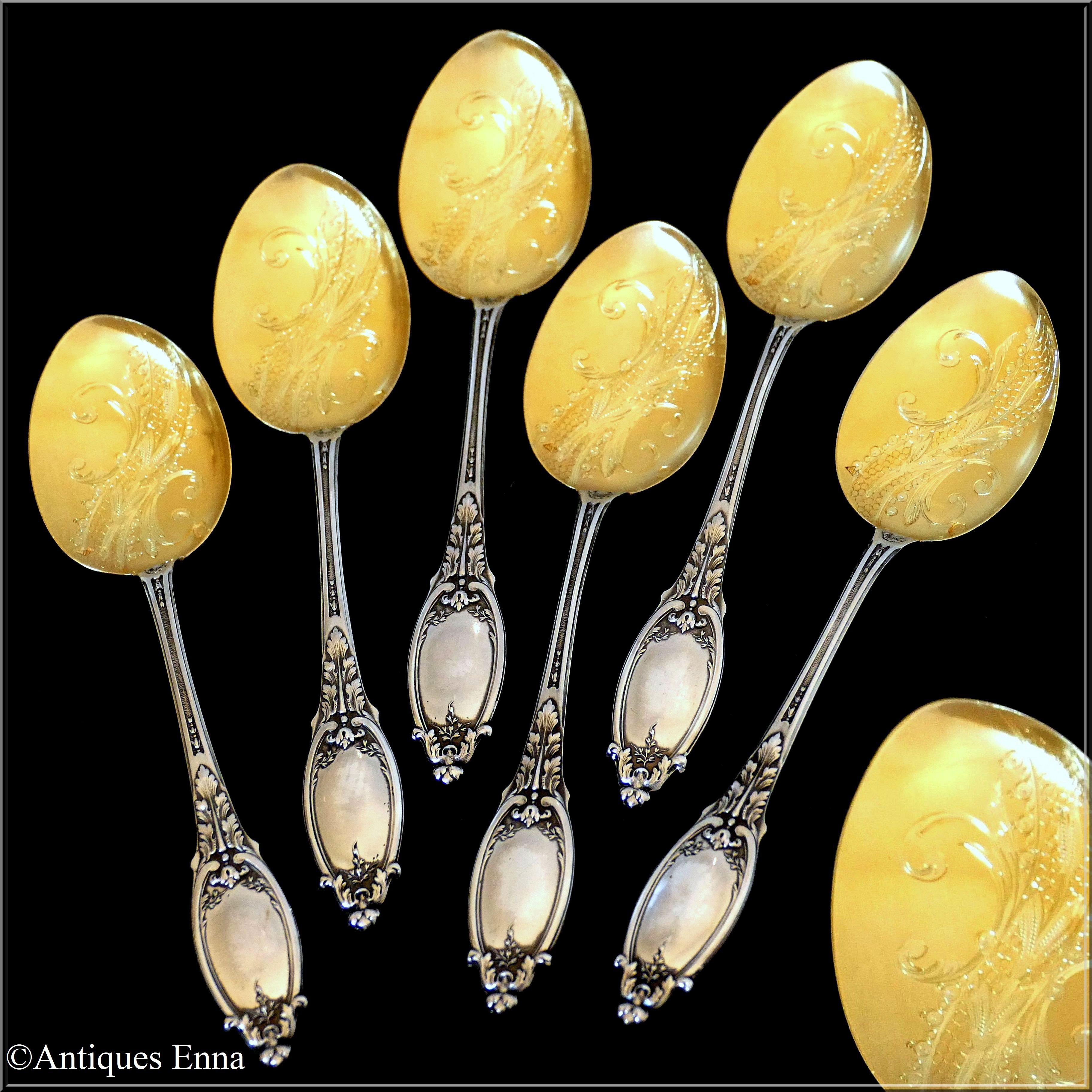 Six ice cream spoons of truly exceptional quality, for the richness of their neoclassical decoration, their form and sculpting. No monograms. 

Prestigious silversmiths:
Maillard Freres - Vazou
113 rue de Turenne - Paris
They were active from
