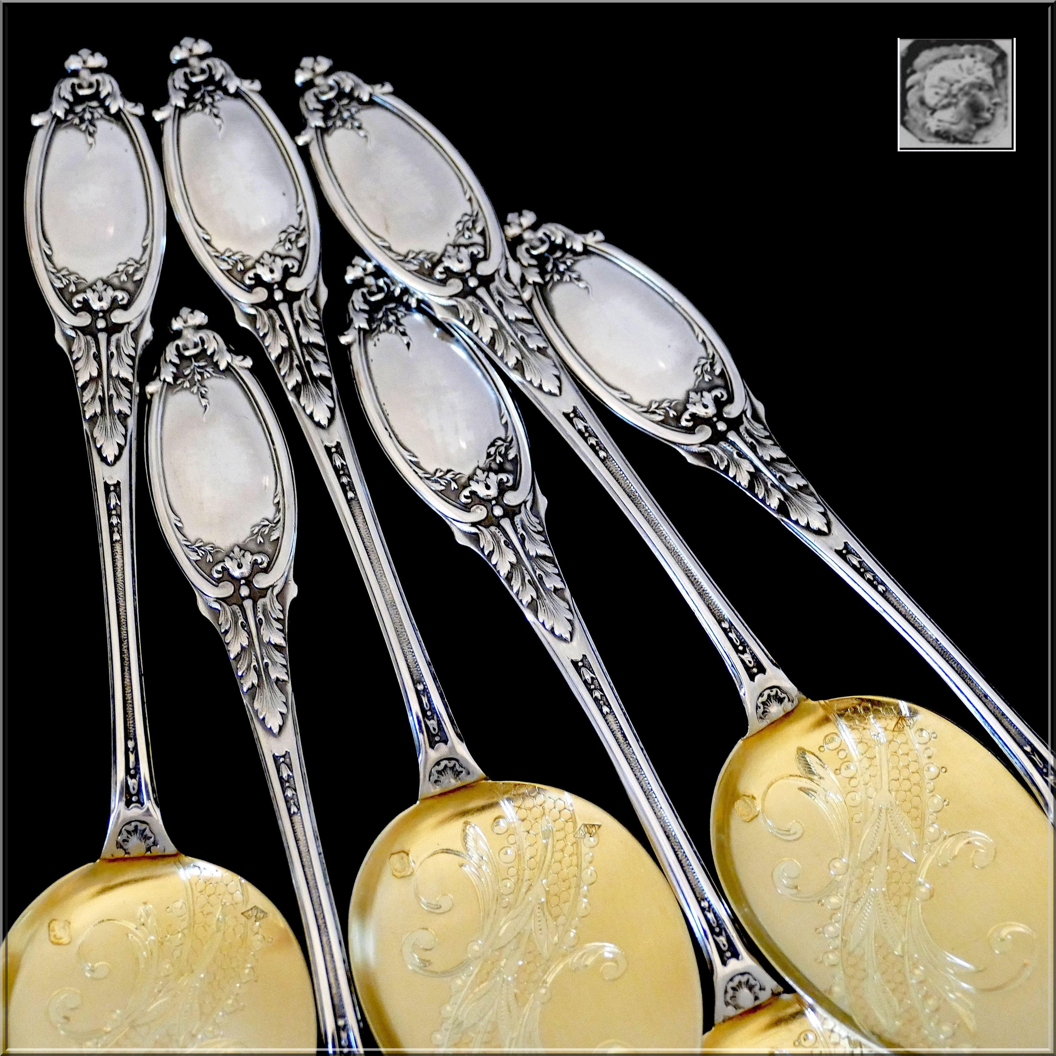Neoclassical Maillard French Sterling Silver 18-Karat Gold Ice Cream Spoons Set 6 Pc For Sale