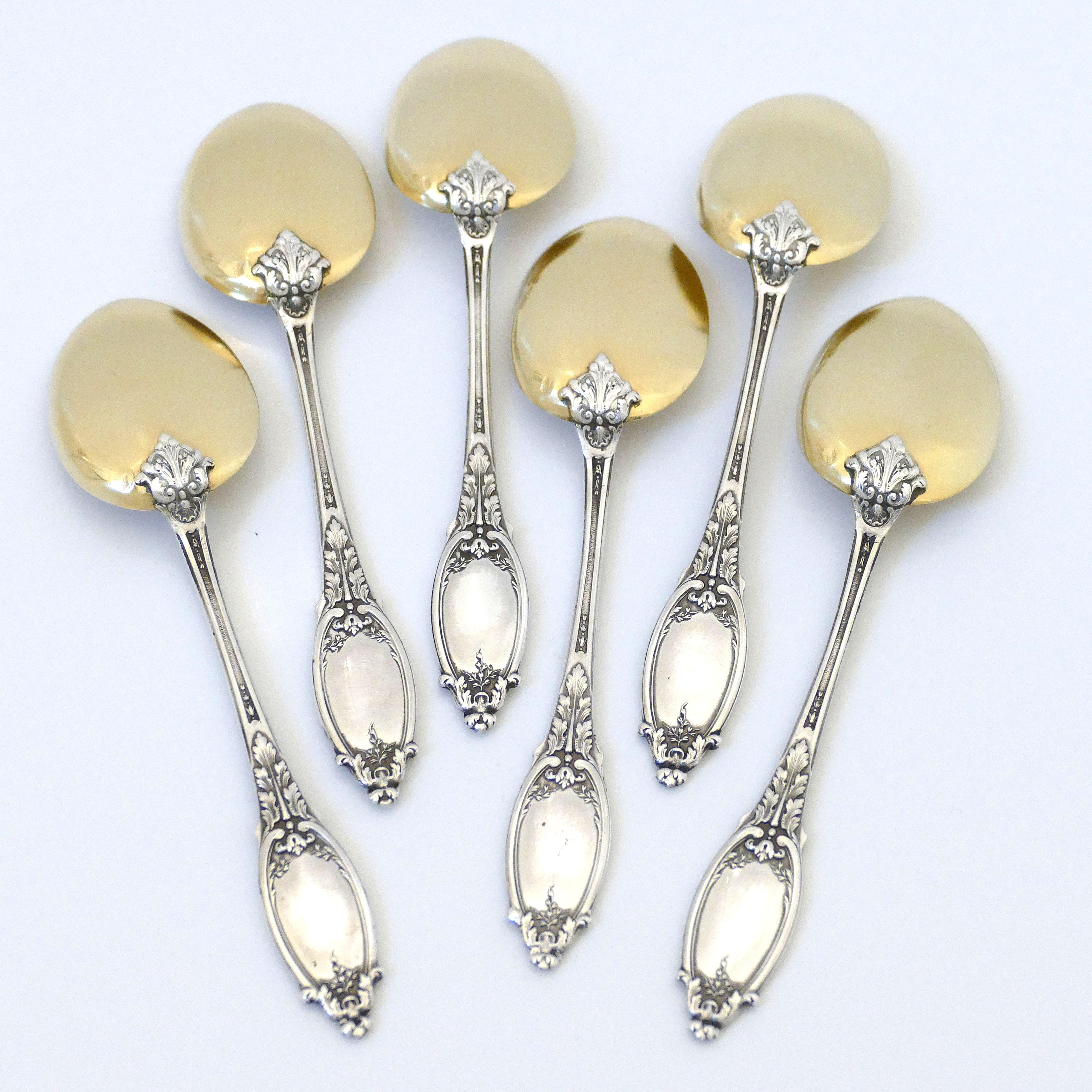 Maillard French Sterling Silver 18-Karat Gold Ice Cream Spoons Set 6 Pc In Good Condition For Sale In TRIAIZE, PAYS DE LOIRE