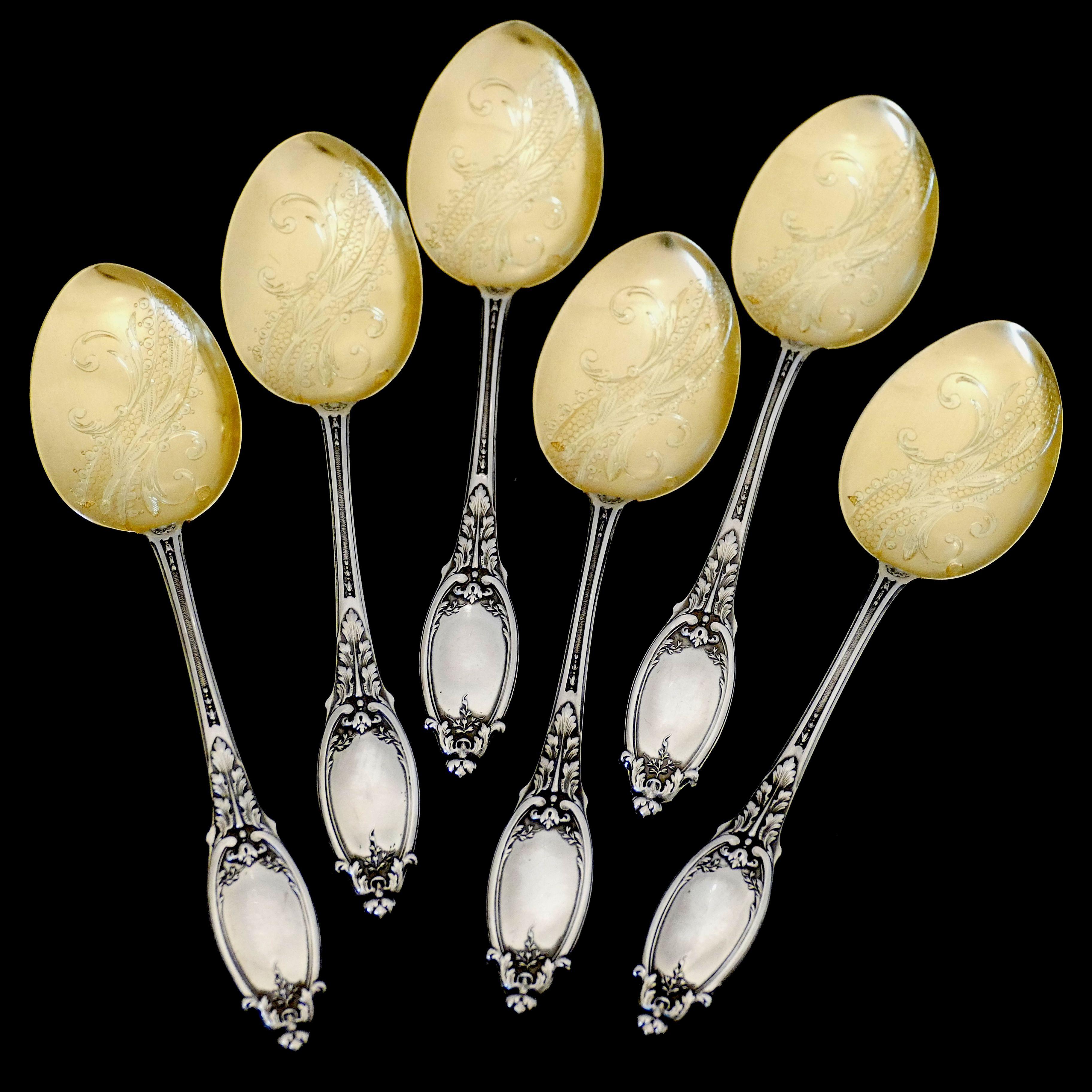 Late 19th Century Maillard French Sterling Silver 18-Karat Gold Ice Cream Spoons Set 6 Pc For Sale