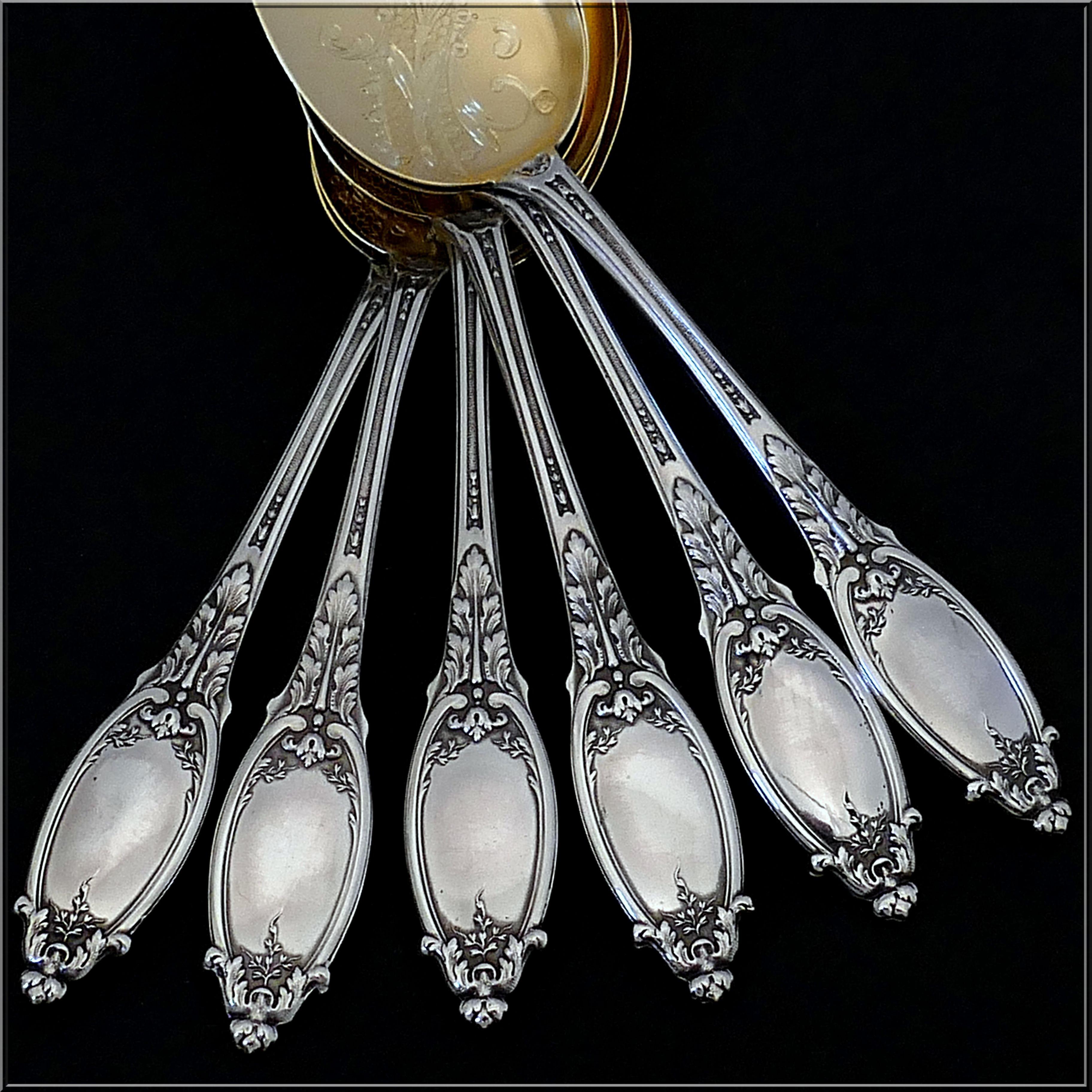 Maillard French Sterling Silver 18-Karat Gold Ice Cream Spoons Set 6 Pc For Sale 3