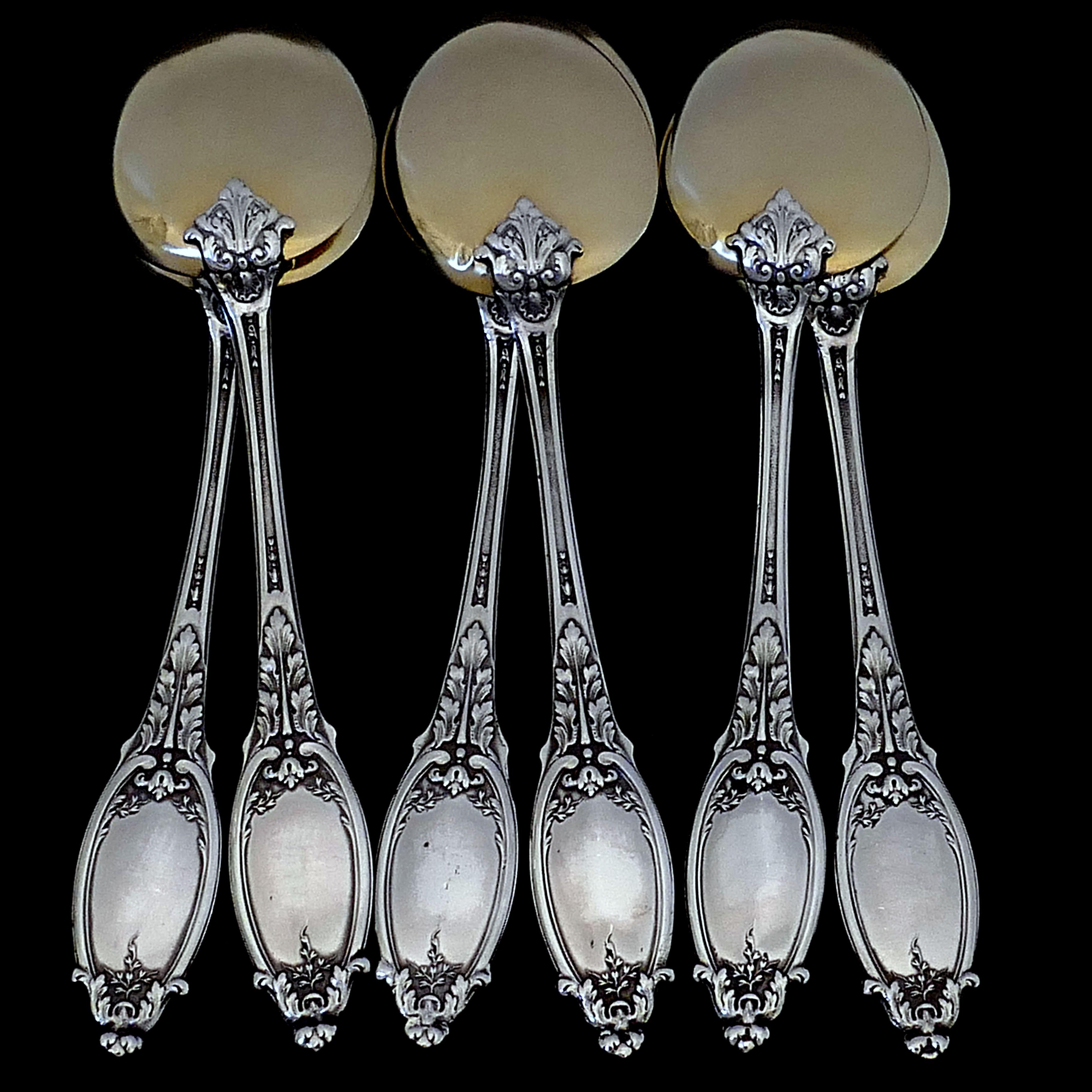 Maillard French Sterling Silver 18-Karat Gold Ice Cream Spoons Set 6 Pc For Sale 4