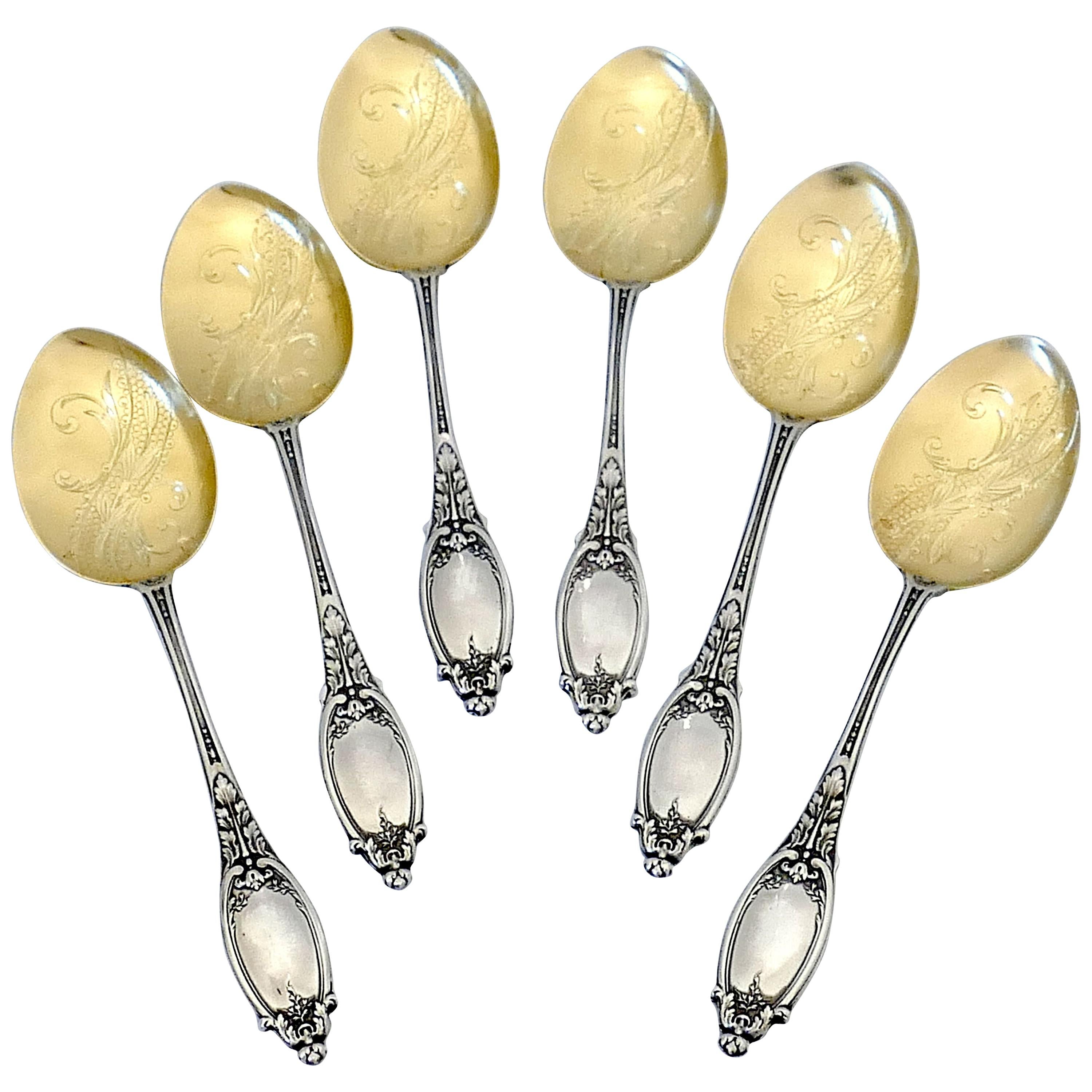 Maillard French Sterling Silver 18-Karat Gold Ice Cream Spoons Set 6 Pc For Sale