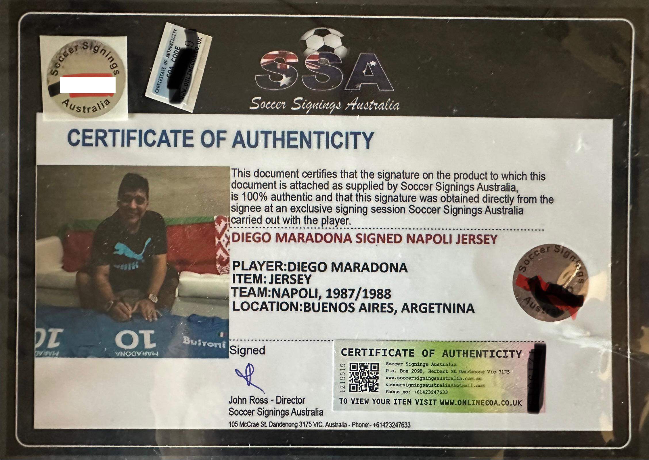 Acrilico Maillot Napoli firmato - certificato da Diego Maradona in vendita