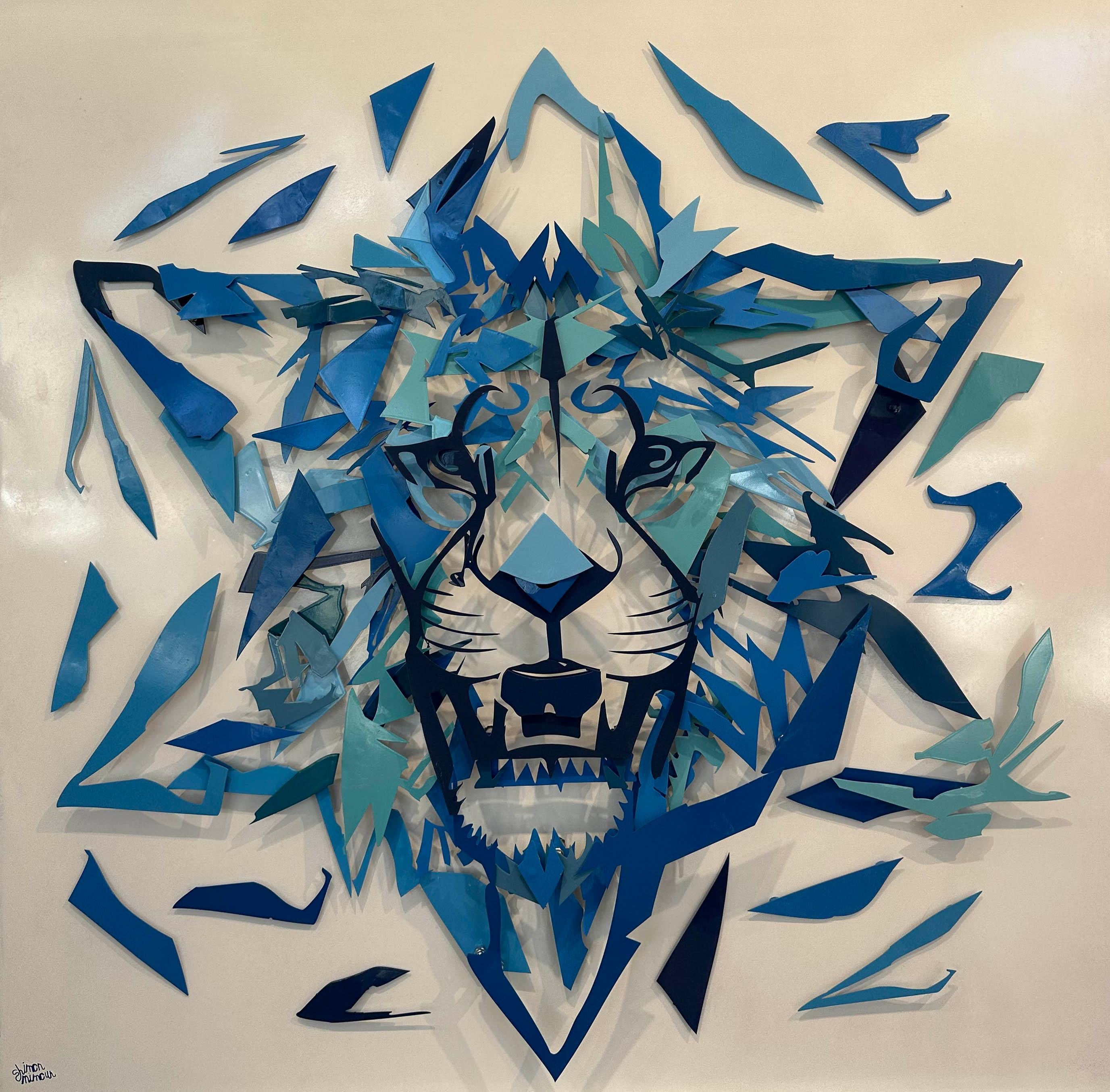 Leone di Sion, scultura da parete 3D in metallo stratificato bianco e blu dipinta a mano - Mixed Media Art di Maimon Shimon