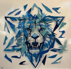 Leone di Sion, scultura da parete 3D in metallo stratificato bianco e blu dipinta a mano