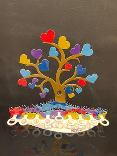 Lampada Chanukiah Hanukka contemporanea e colorata in alluminio tagliato al laser di un produttore israeliano