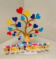 Colorful contemporary Chanukiah Hanukka lamp laser cut aluminum by Israeli maker