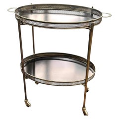 Image principale du produit : chariot de bar français des années 1950, nickelé, avec plateaux en Formica noir