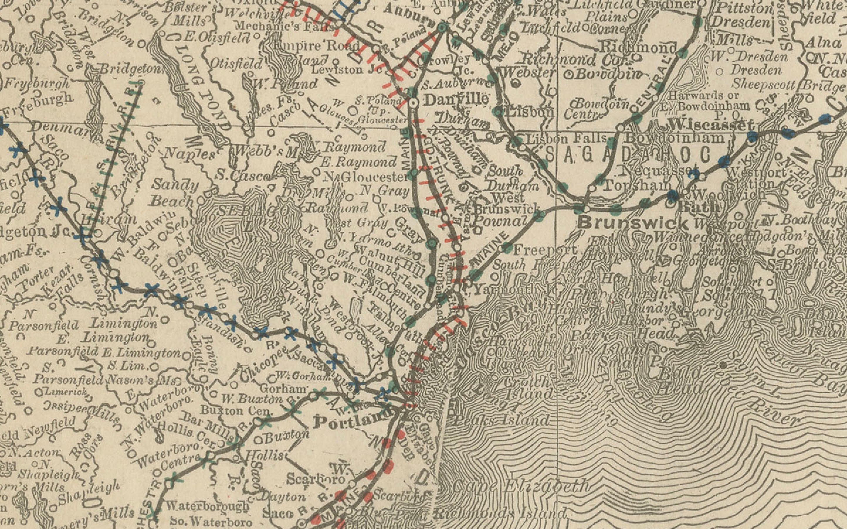 Mapa antiguo del ferrocarril de Maine c.1888 - Condados y asentamientos del Estado de los Pinos en venta 3