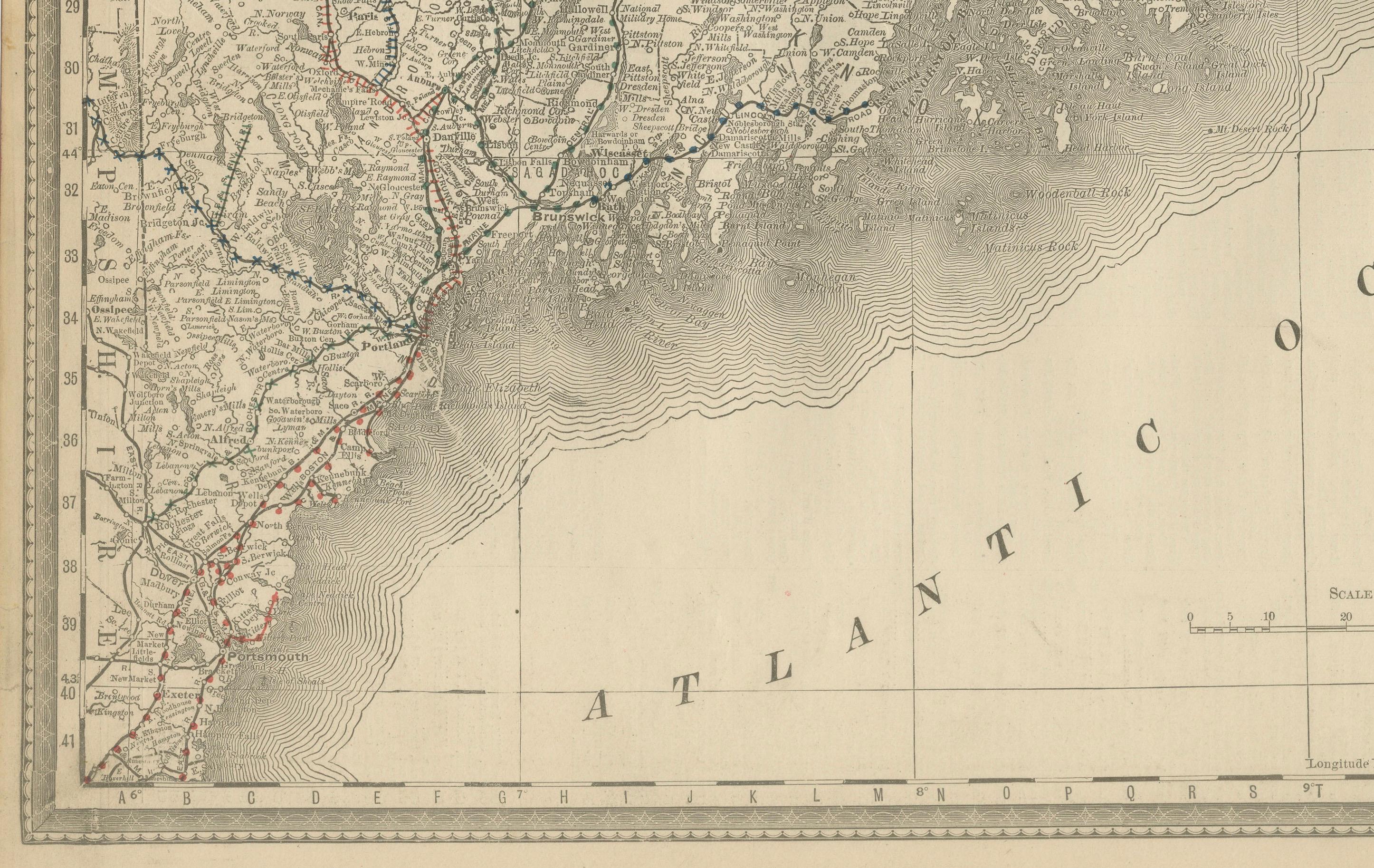 Mapa antiguo del ferrocarril de Maine c.1888 - Condados y asentamientos del Estado de los Pinos en venta 4