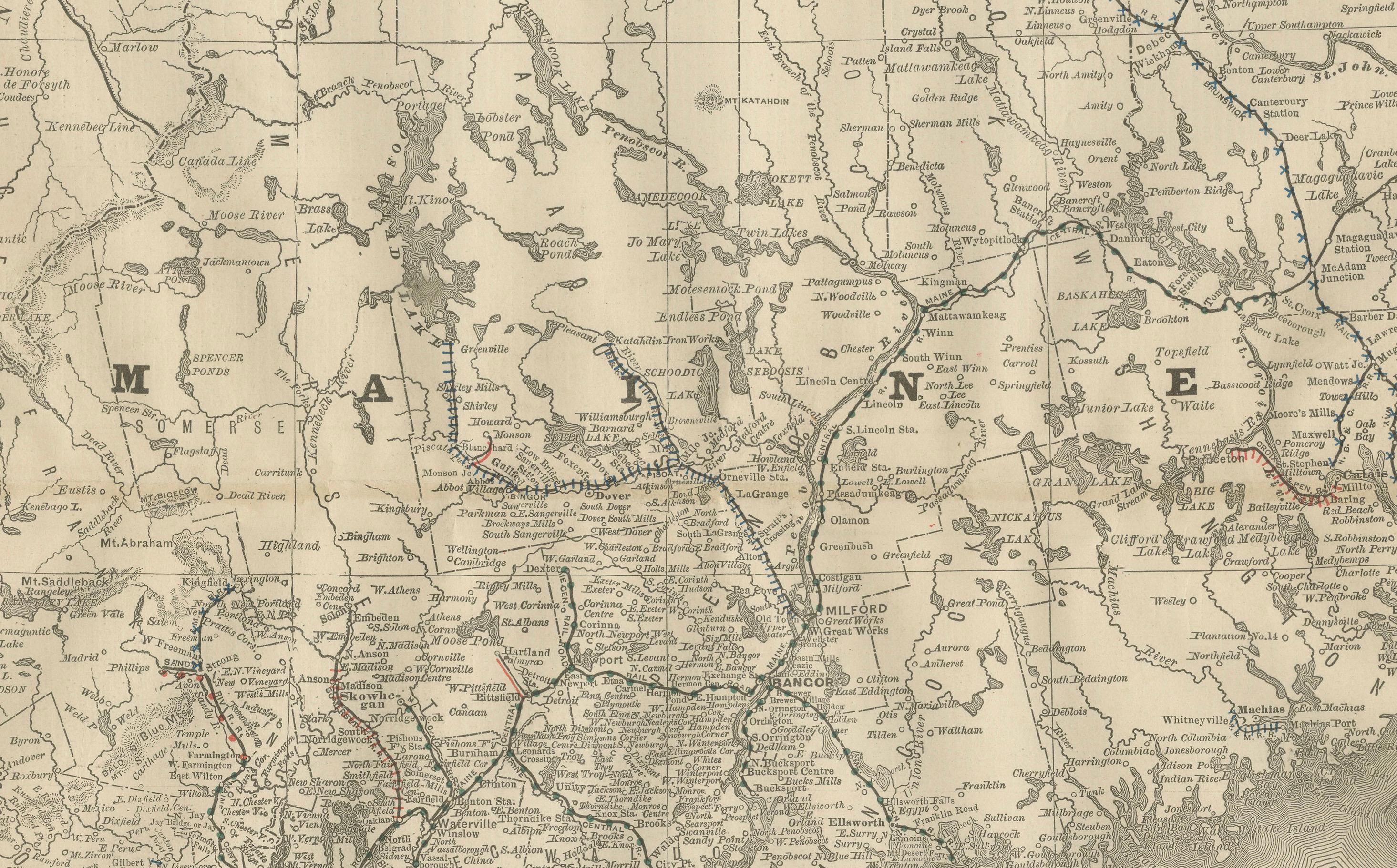Mapa antiguo del ferrocarril de Maine c.1888 - Condados y asentamientos del Estado de los Pinos en venta 5