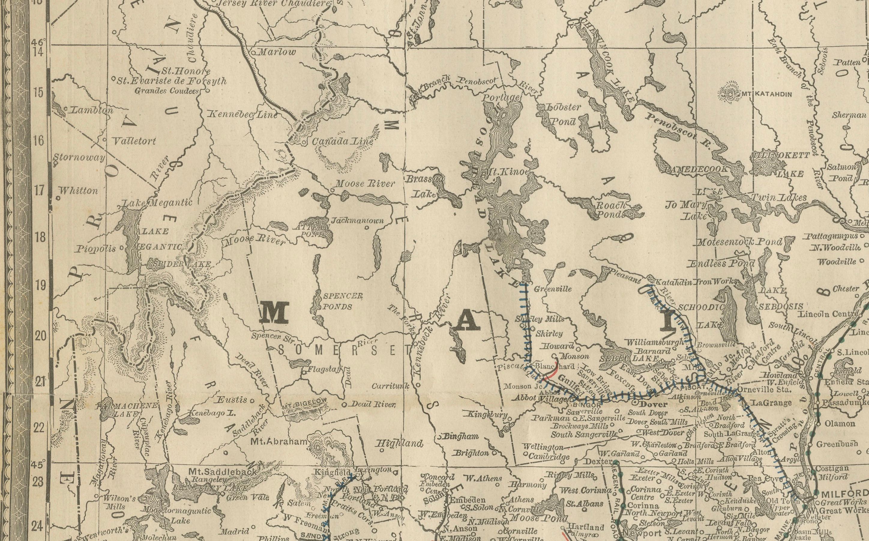 Mapa antiguo de Maine - Rand McNally, circa 1888

Este mapa antiguo de Maine fue publicado por Rand, McNally & Co. hacia 1888. Representa el Estado de los Pinos con gran detalle, mostrando sus condados, ciudades, ríos y rutas de transporte en una