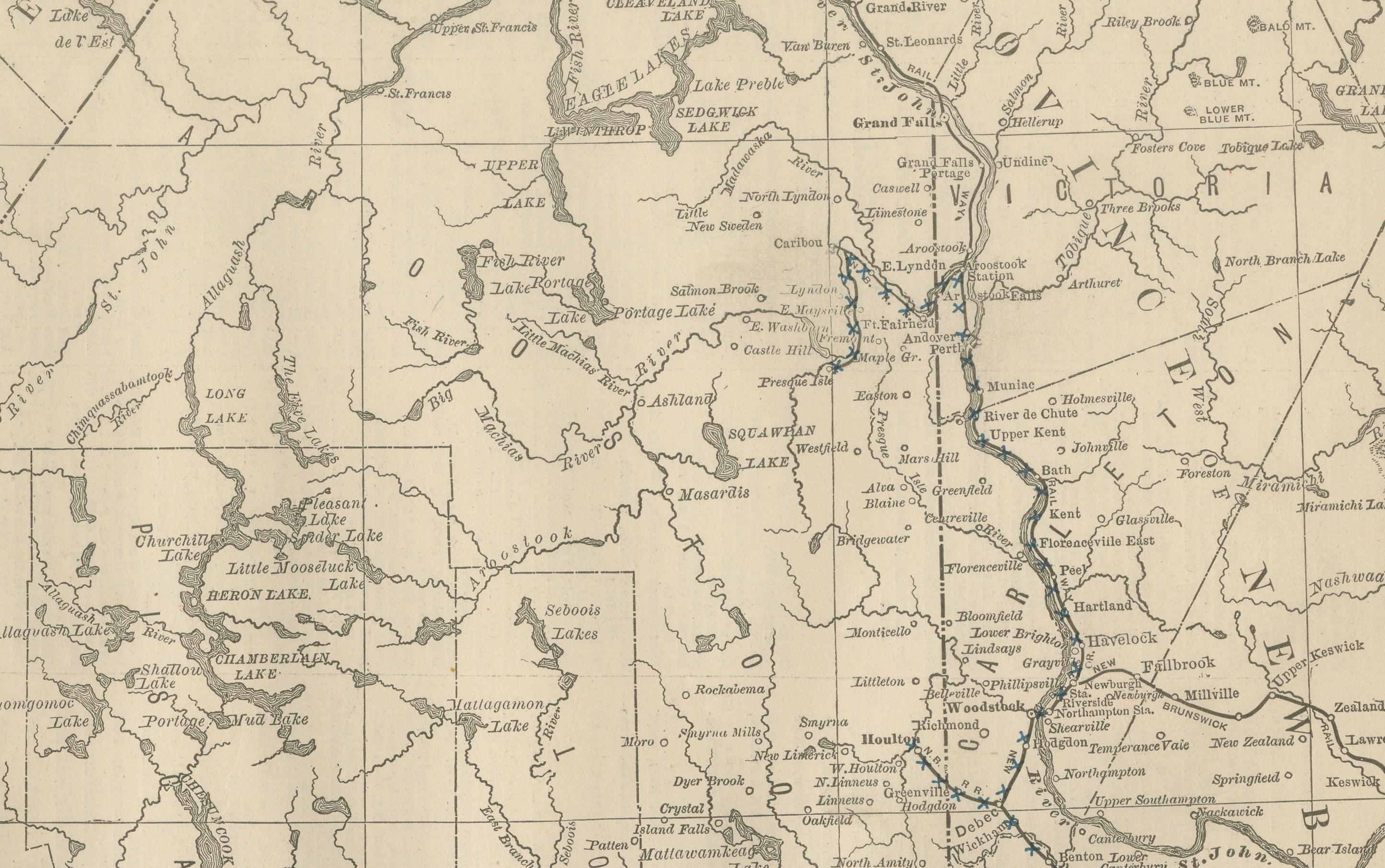 Mapa antiguo del ferrocarril de Maine c.1888 - Condados y asentamientos del Estado de los Pinos en Bueno estado para la venta en Langweer, NL