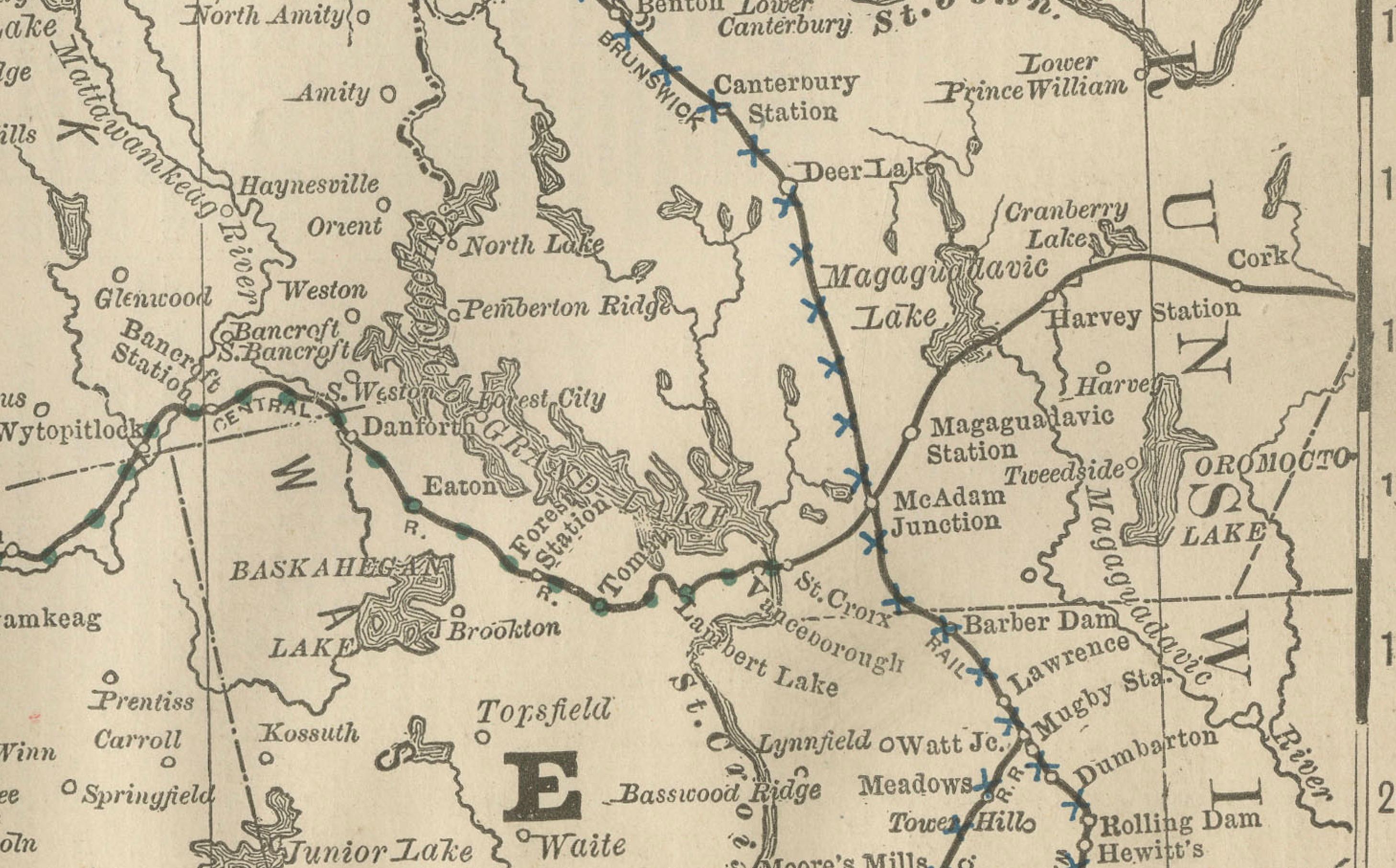 Mapa antiguo del ferrocarril de Maine c.1888 - Condados y asentamientos del Estado de los Pinos siglo XIX en venta
