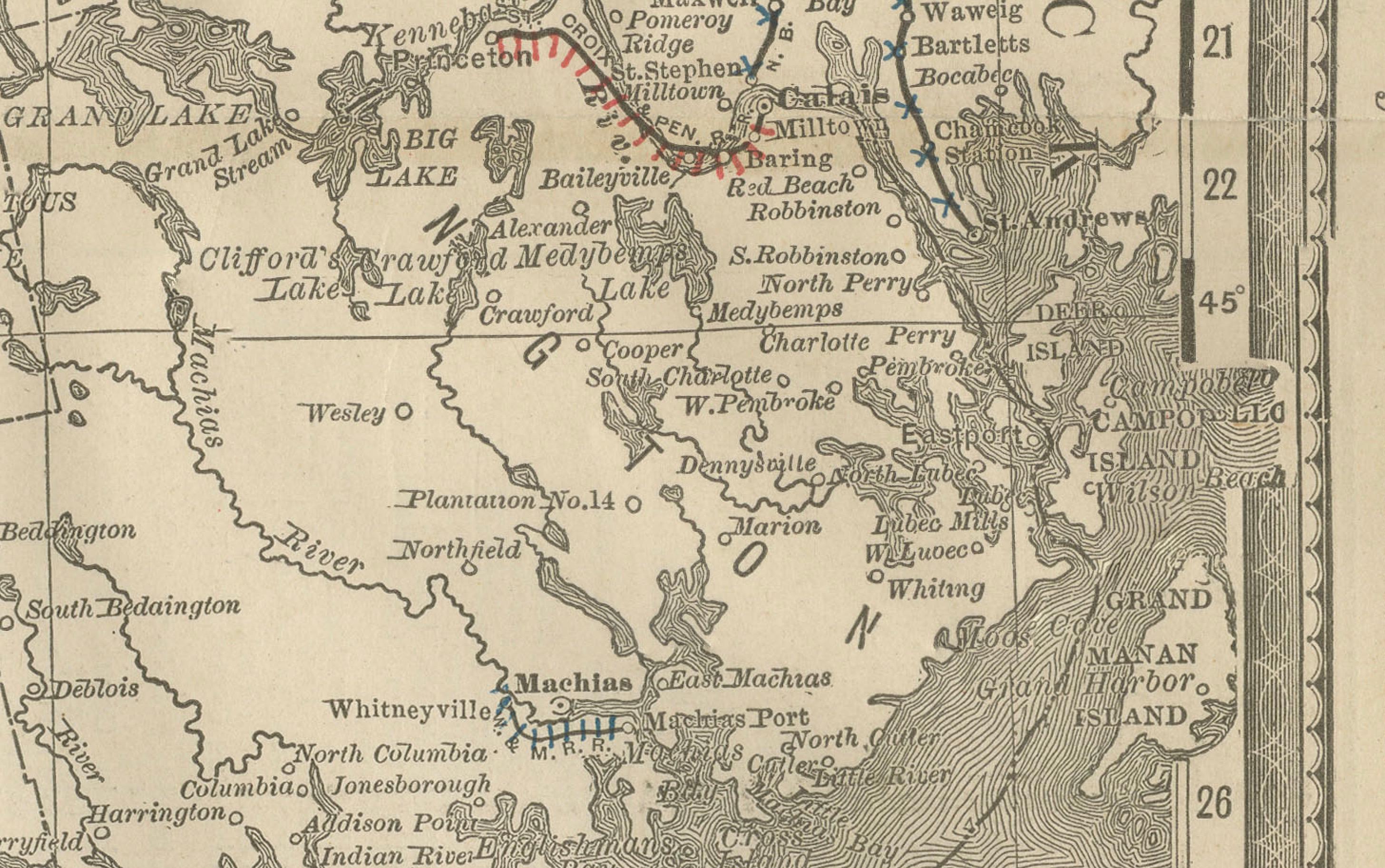 Mapa antiguo del ferrocarril de Maine c.1888 - Condados y asentamientos del Estado de los Pinos Papel en venta