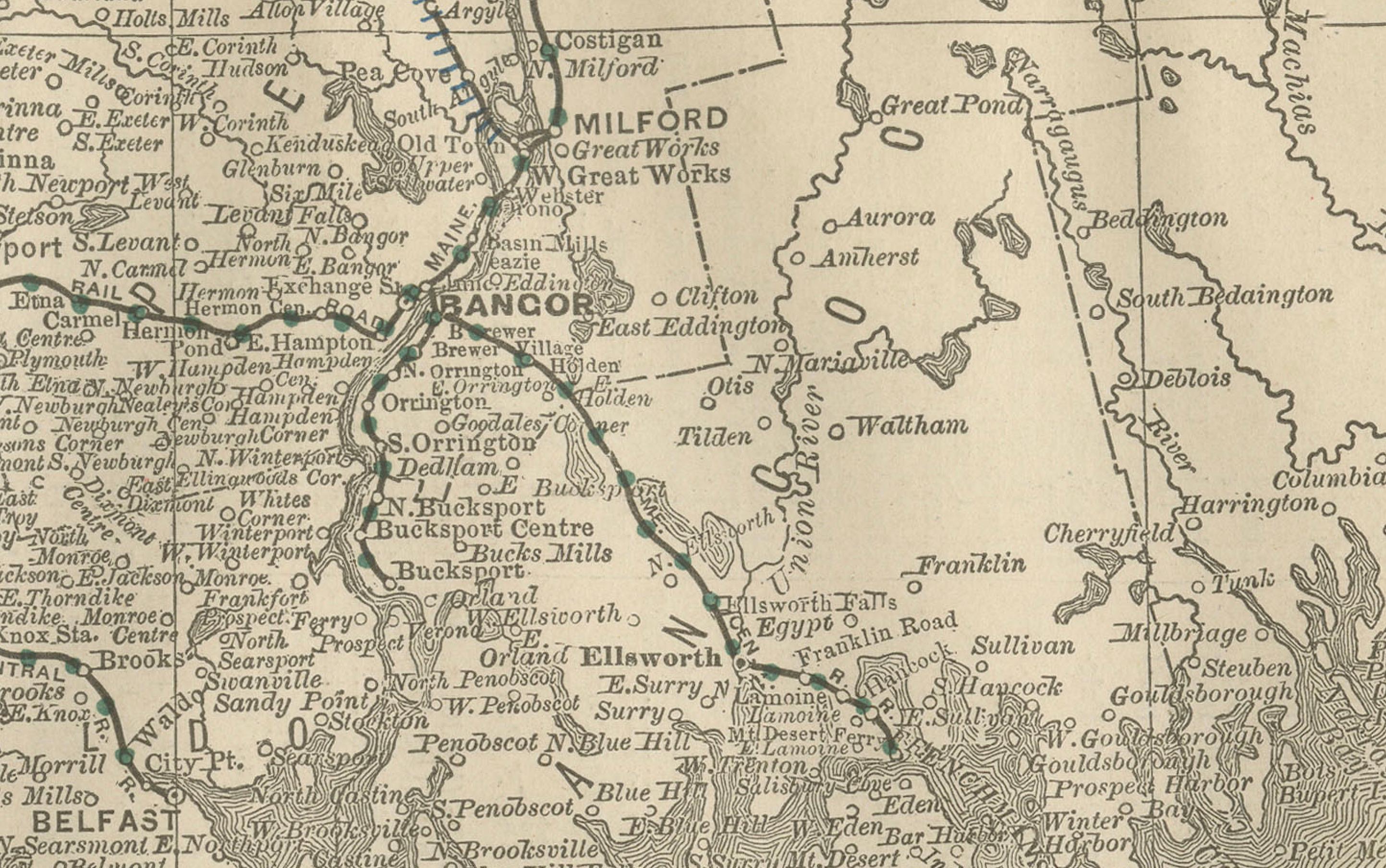 Mapa antiguo del ferrocarril de Maine c.1888 - Condados y asentamientos del Estado de los Pinos en venta 1