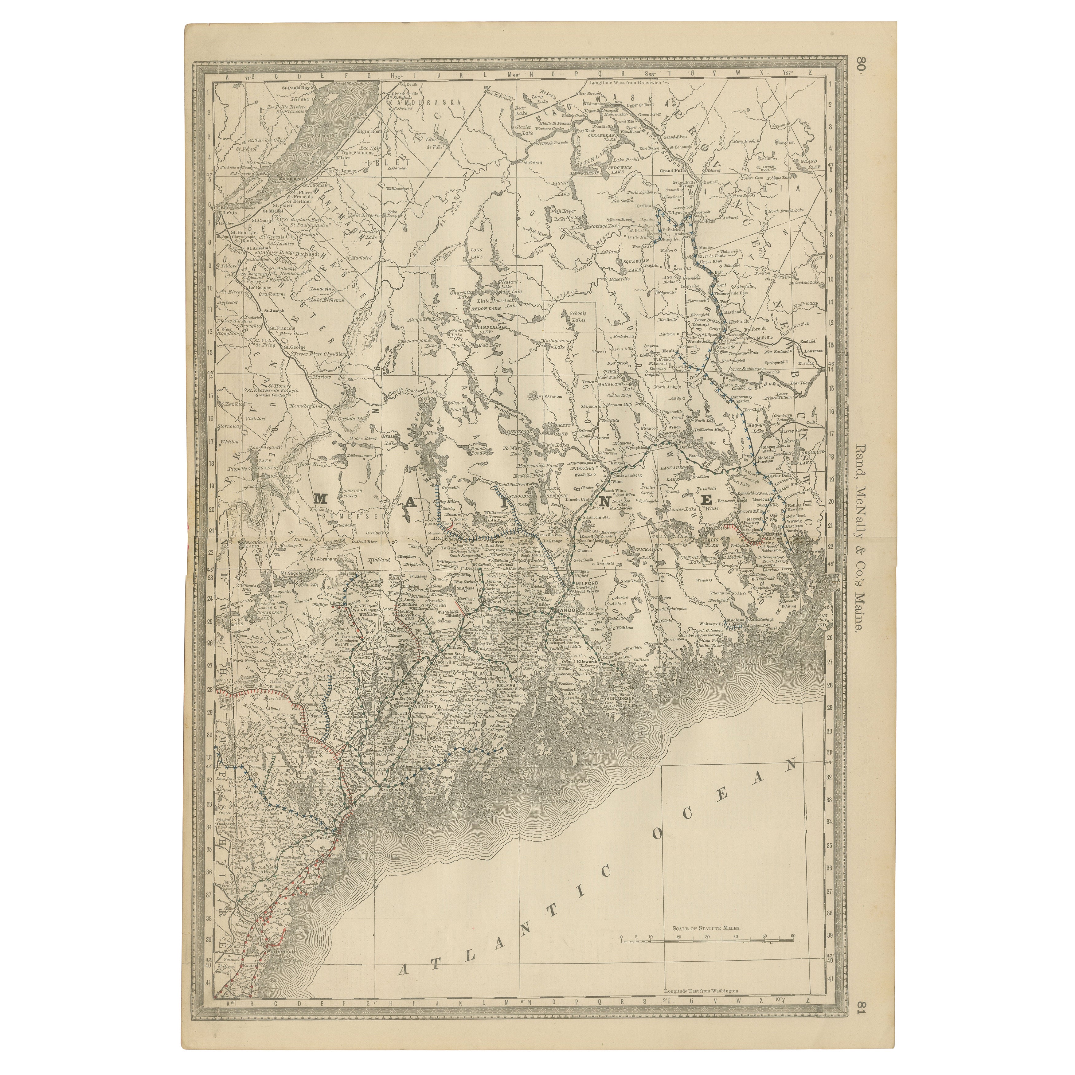 Maine Antique Railroad Map c.1888 – Pine Tree State Counties & Settlements