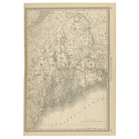 Maine Antique Railroad Map c.1888 – Pine Tree State Counties & Settlements