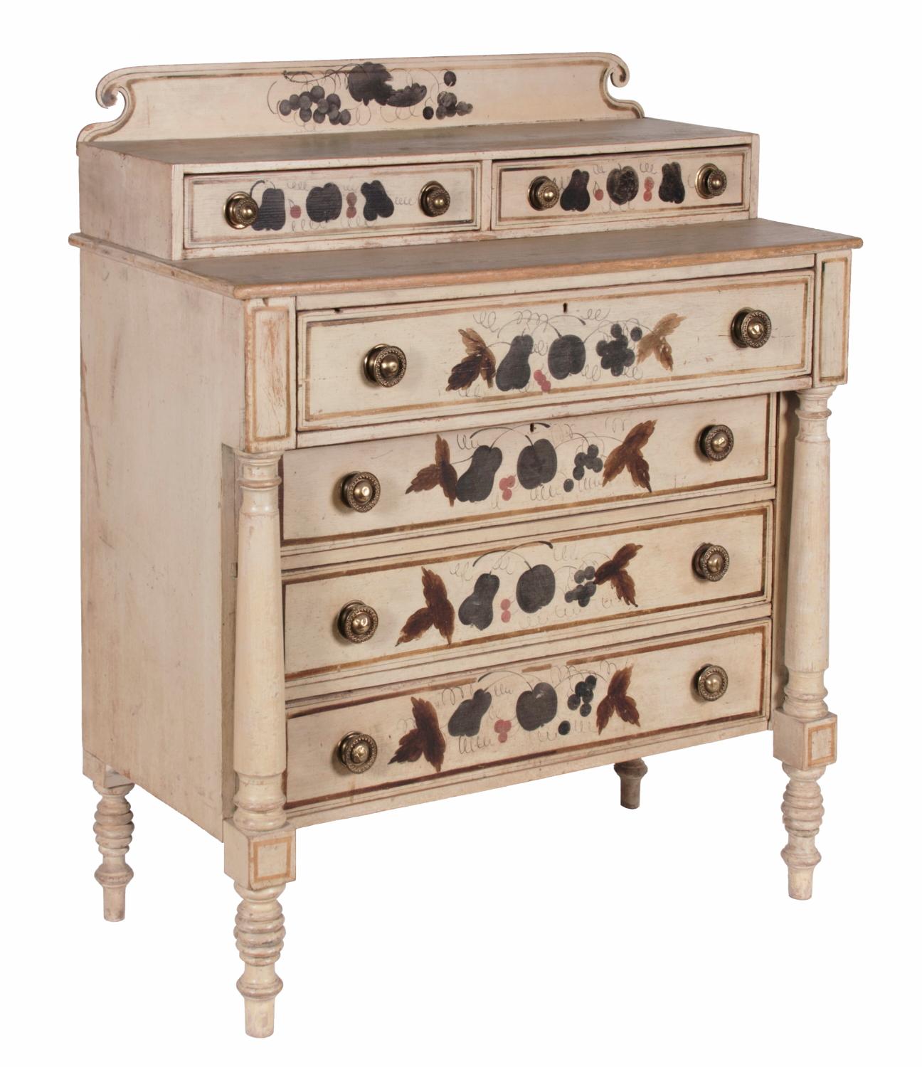 Country Sheraton transitional chest of drawers with stenciled and hand painted decoration on a white ground, maine origin, circa 1830-1850

Paint-decorated chest of two over four drawers, with a rams' Horn, scrollwork, splash back and full