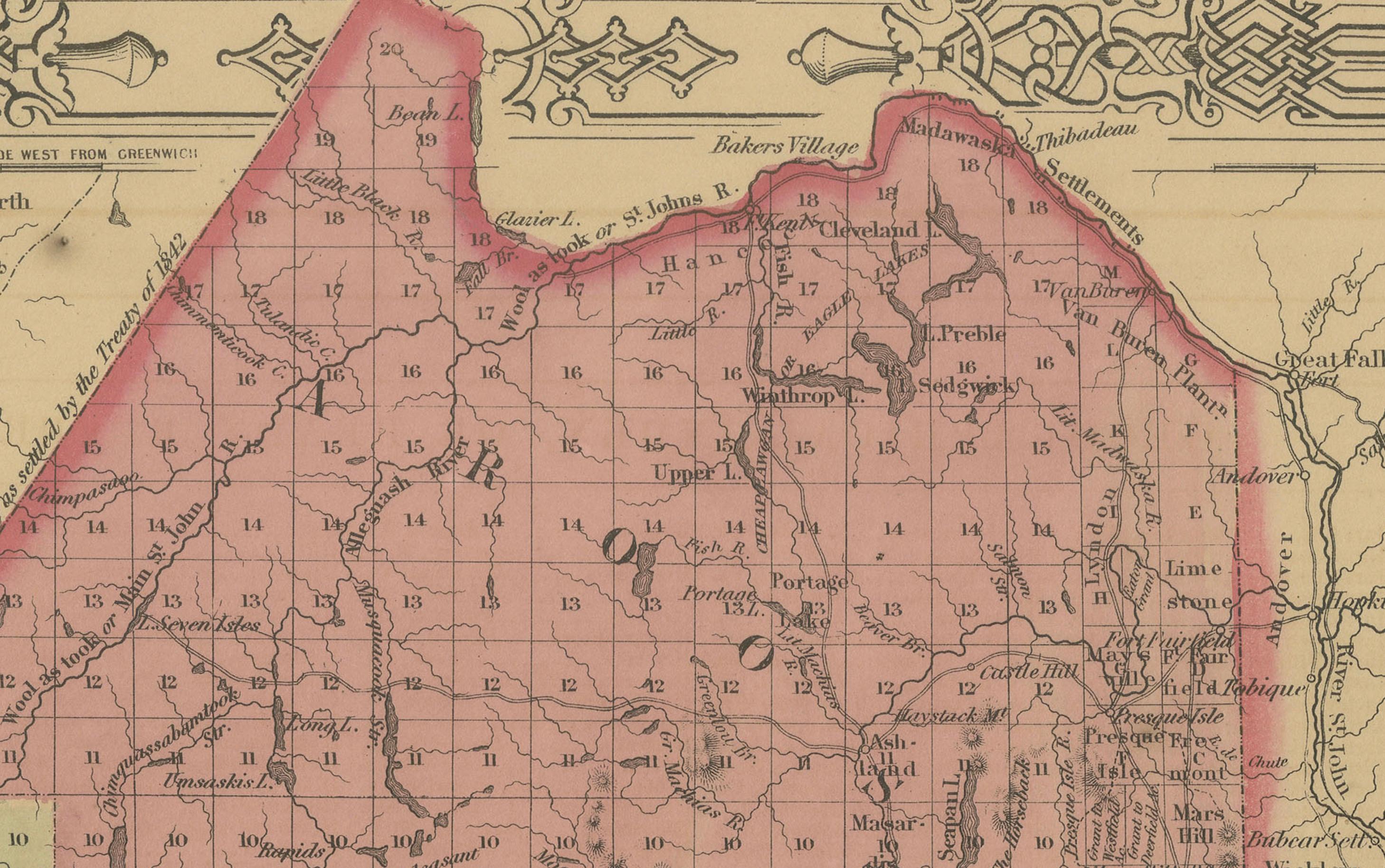 Américain Carte du comté de Maine - Johnson, coloriée à la main, USA c.1864 en vente