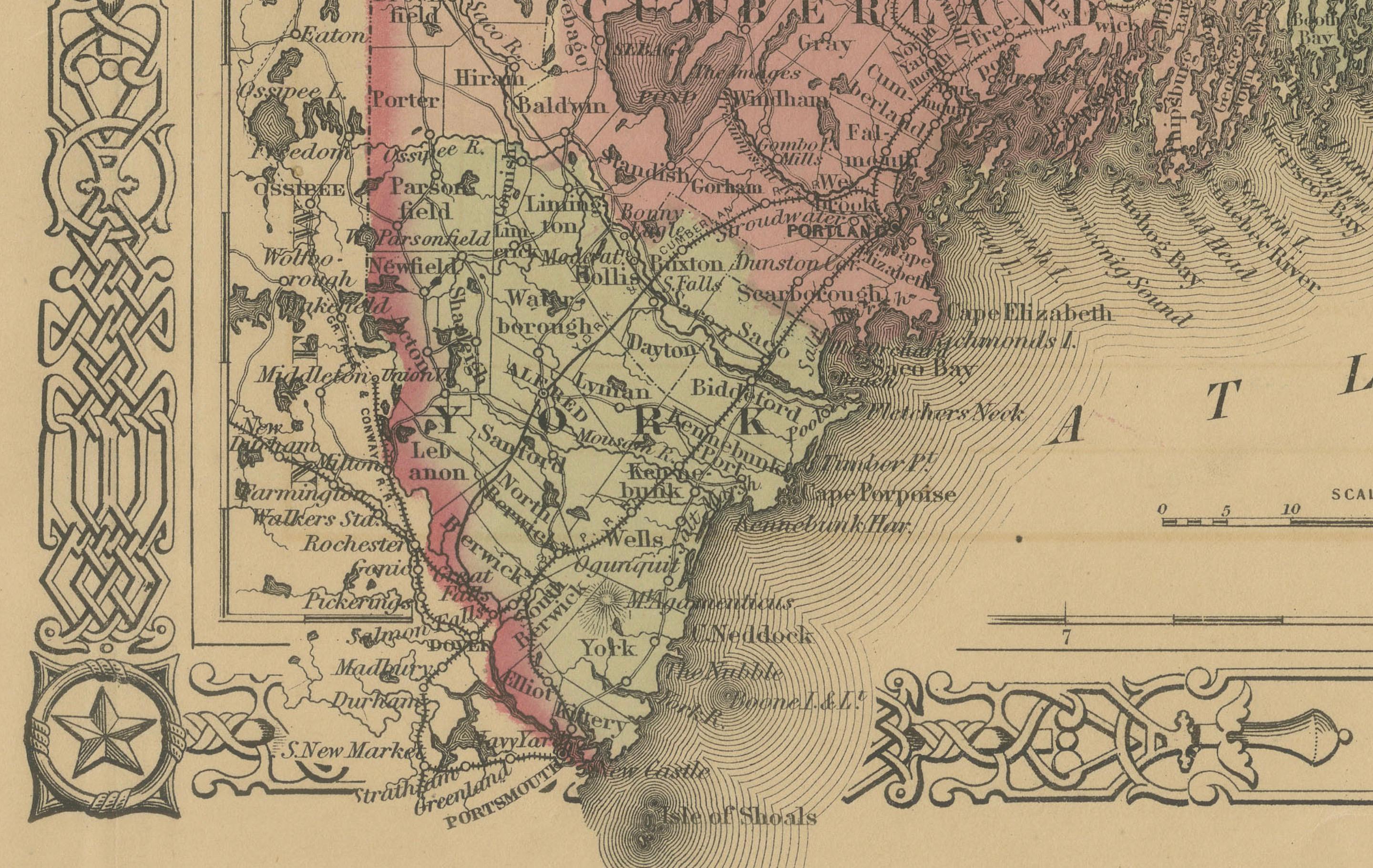 Papier Carte du comté de Maine - Johnson, coloriée à la main, USA c.1864 en vente
