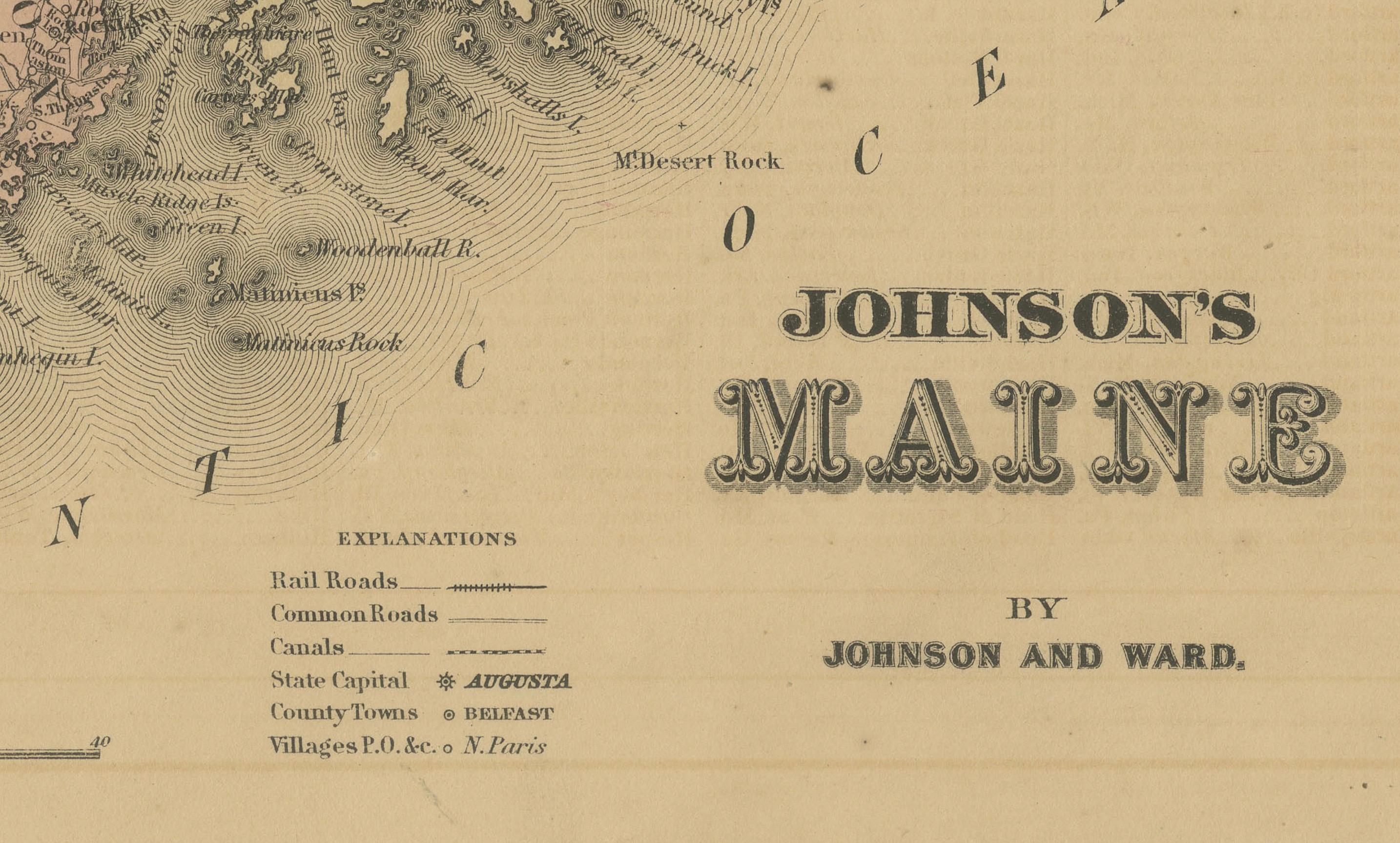 Carte du comté de Maine - Johnson, coloriée à la main, USA c.1864 en vente 1