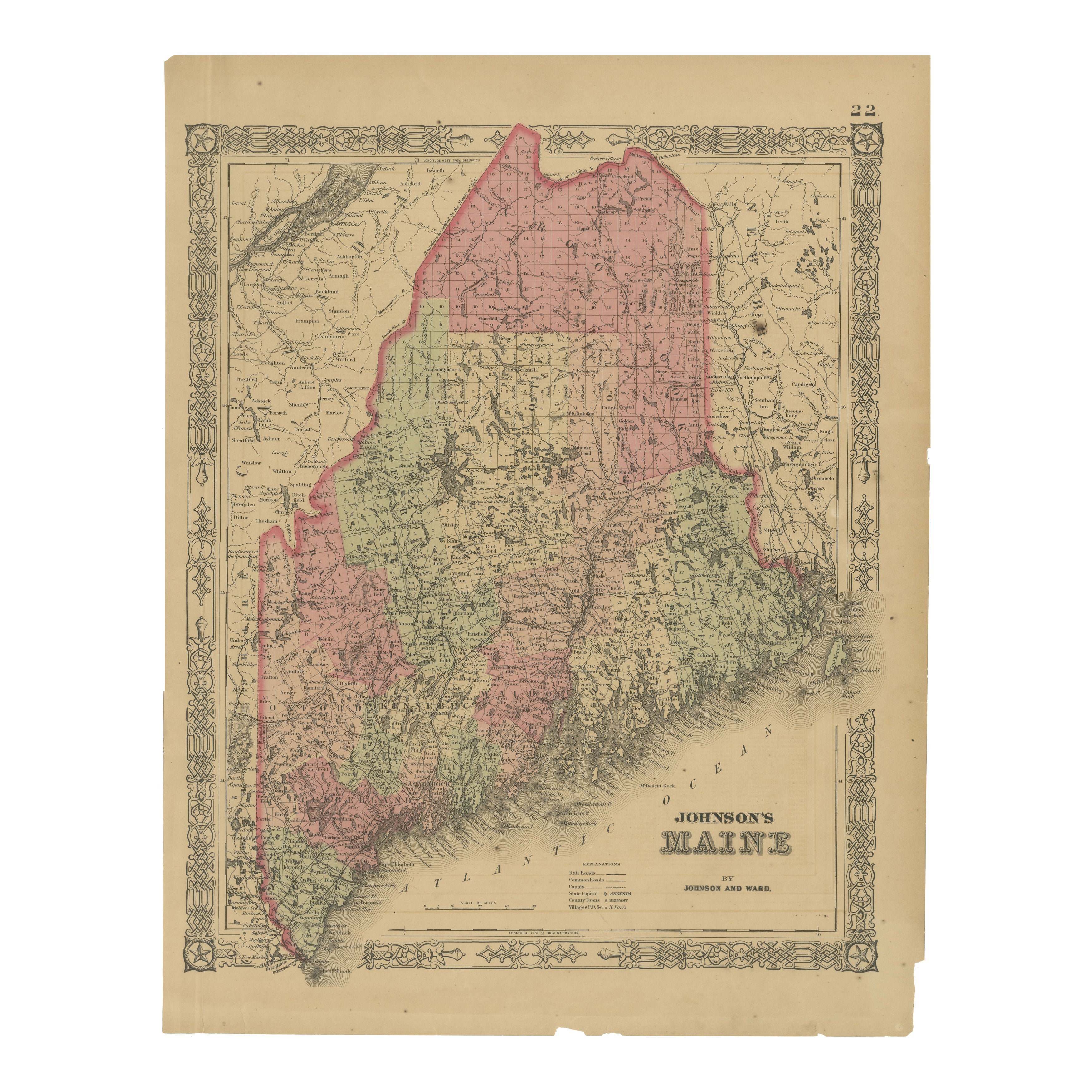 Mapa del condado de Maine - Johnson, coloreado a mano, EE.UU. c.1864