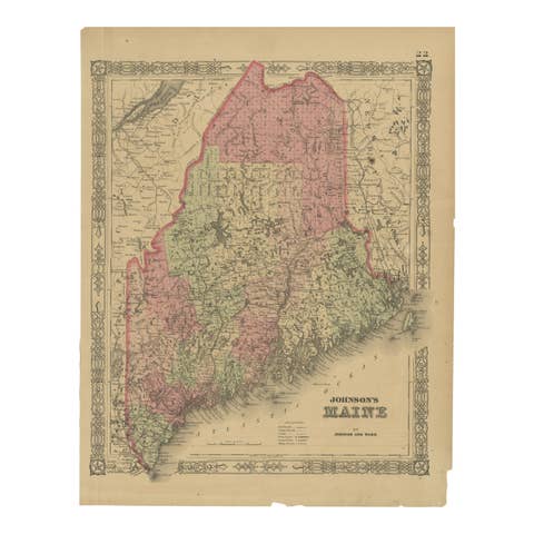 Maine County Map – Johnson, Hand-Colored, USA c.1864