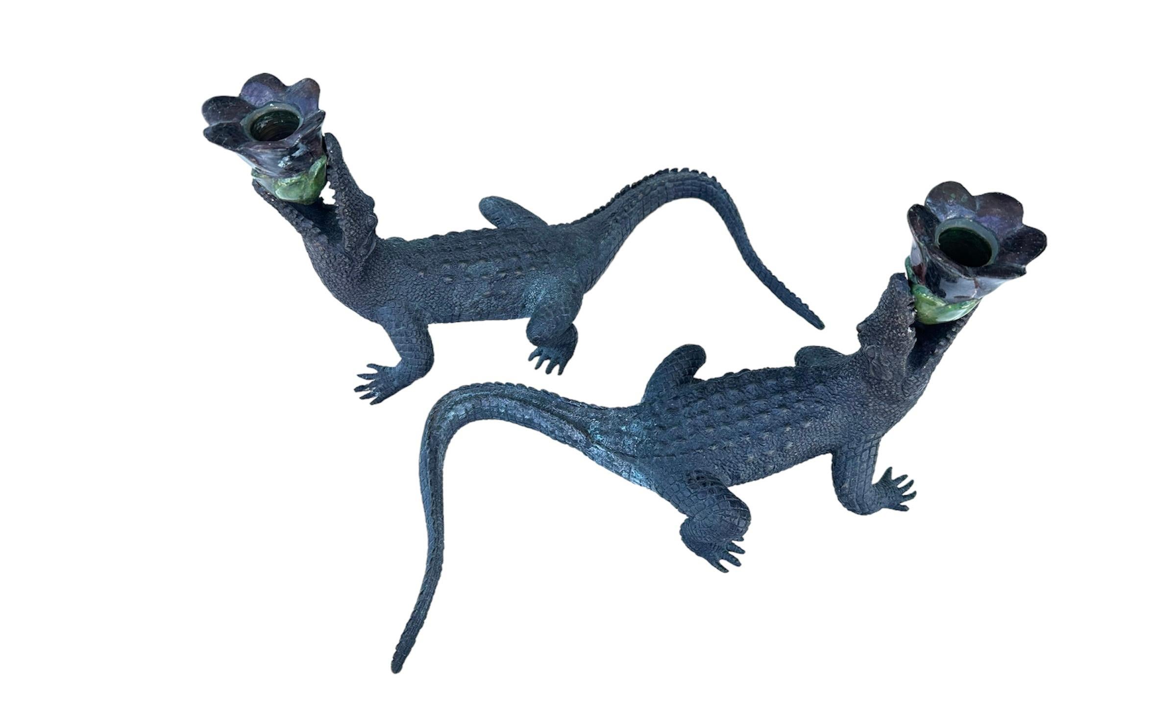 Philippine Maitland Smith Alligator Candle Holders For Sale