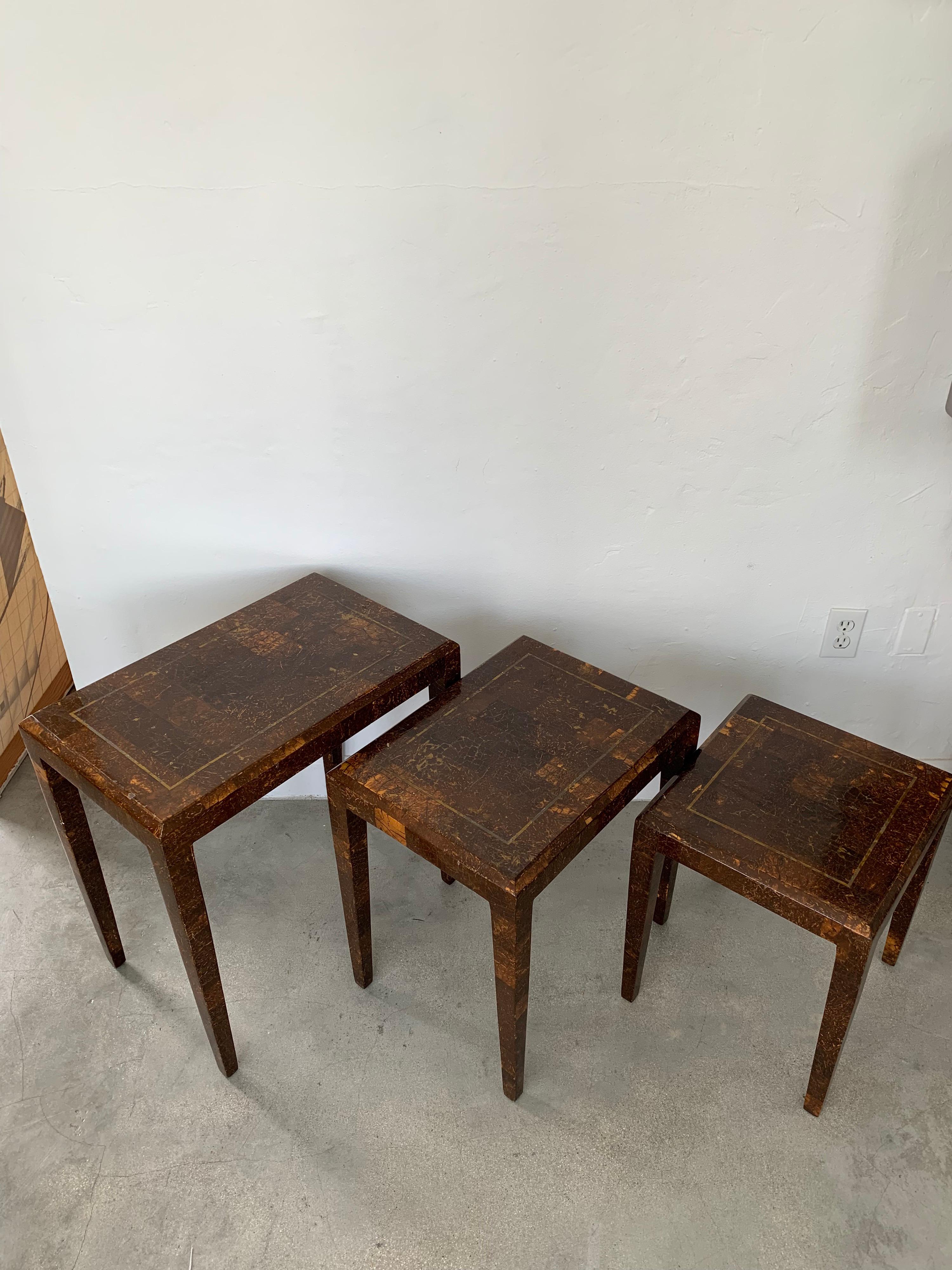 Mid-Century Modern Mainland Smith Coconut Shell and Brass Inlay Nesting Tables