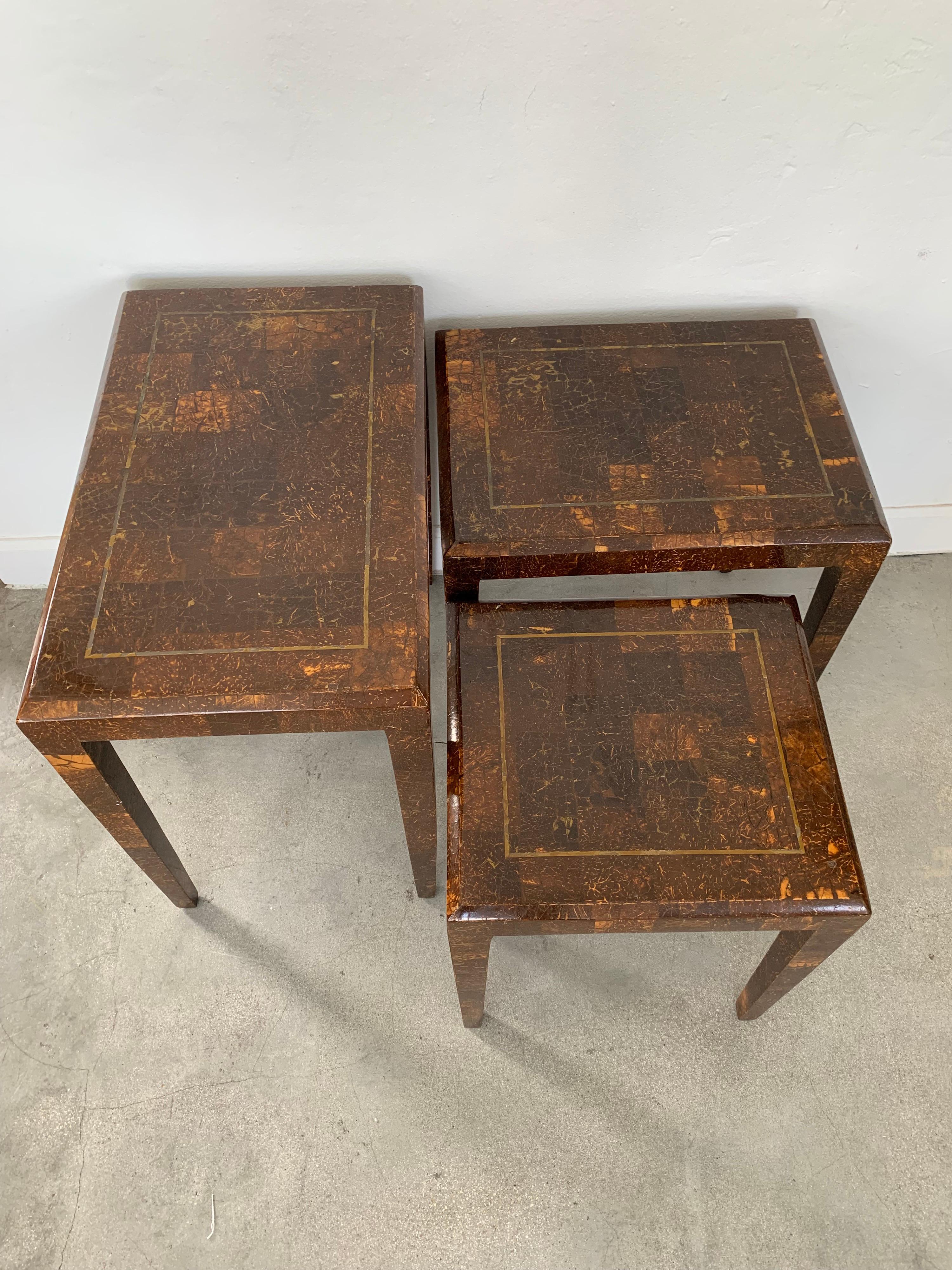 Philippine Mainland Smith Coconut Shell and Brass Inlay Nesting Tables