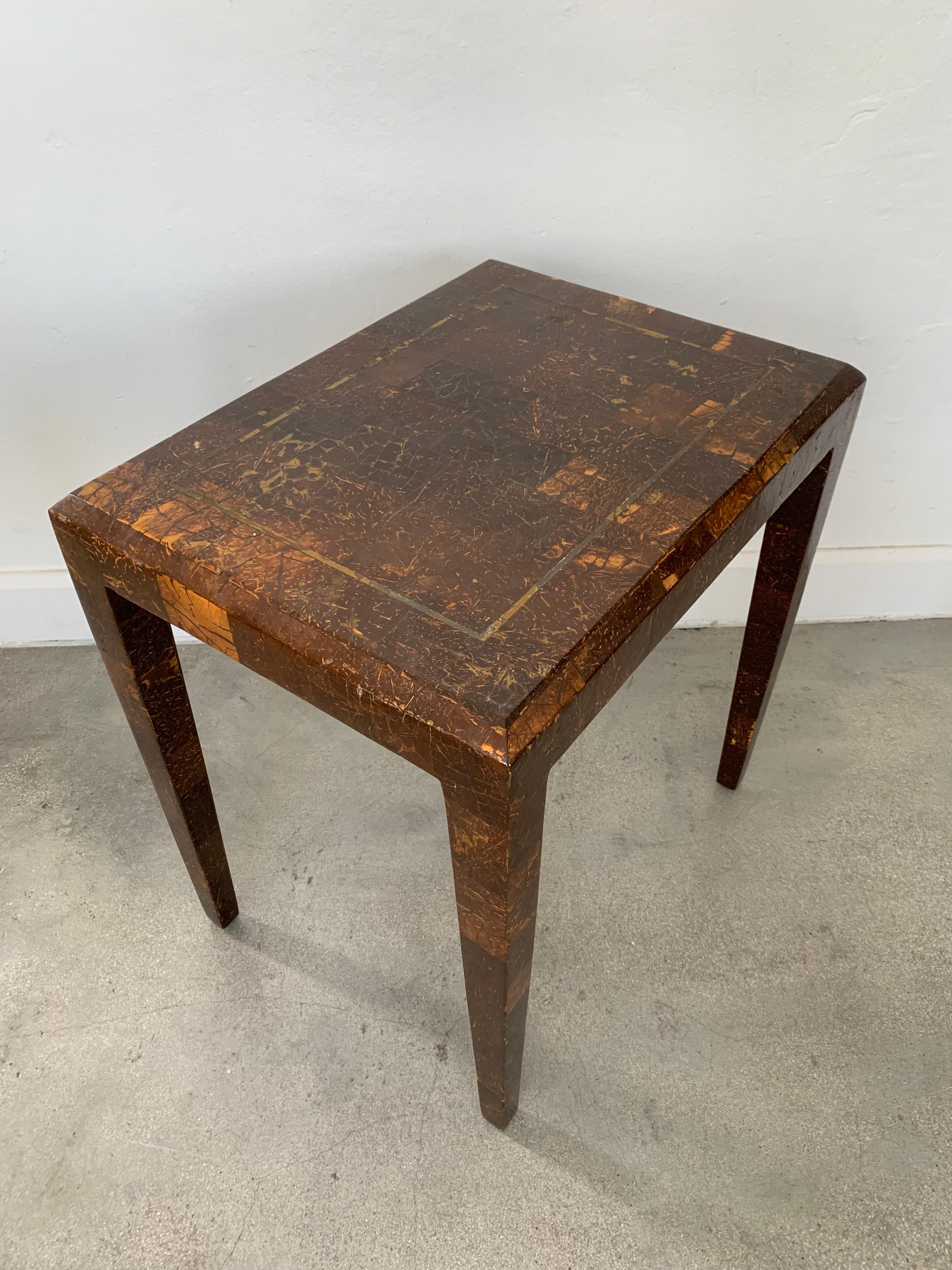 20th Century Mainland Smith Coconut Shell and Brass Inlay Nesting Tables