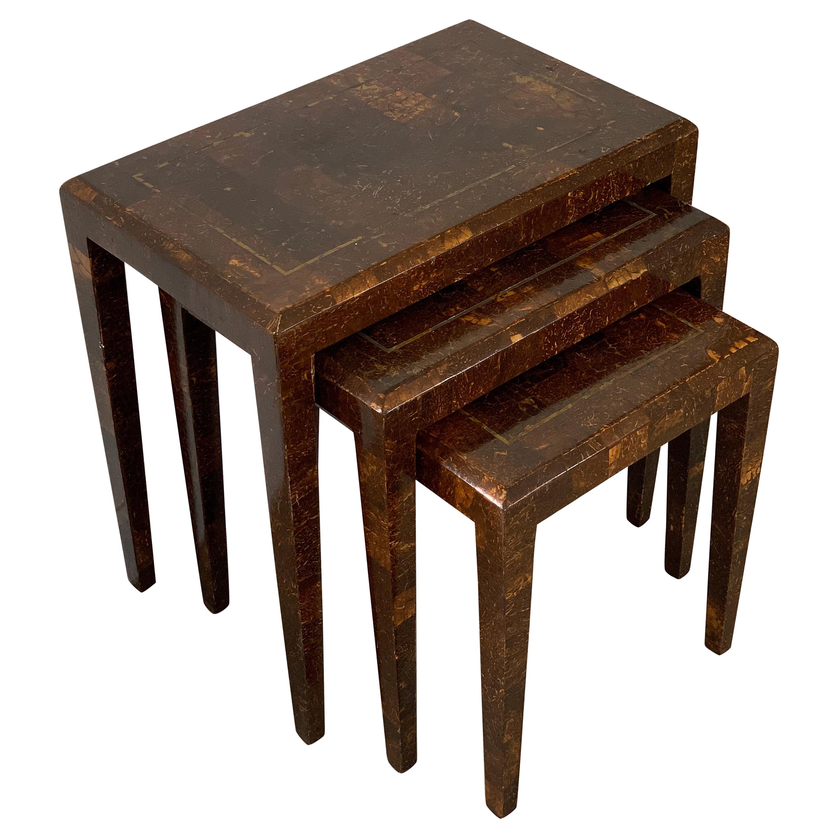 Mainland Smith Coconut Shell and Brass Inlay Nesting Tables