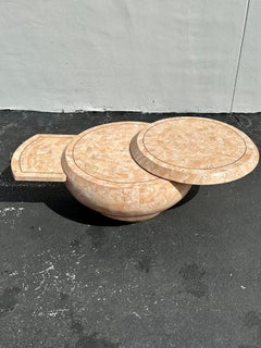 1970s Maitland Smith Tessellated Fossil Stone Swivel Tier Drum Coffee Table