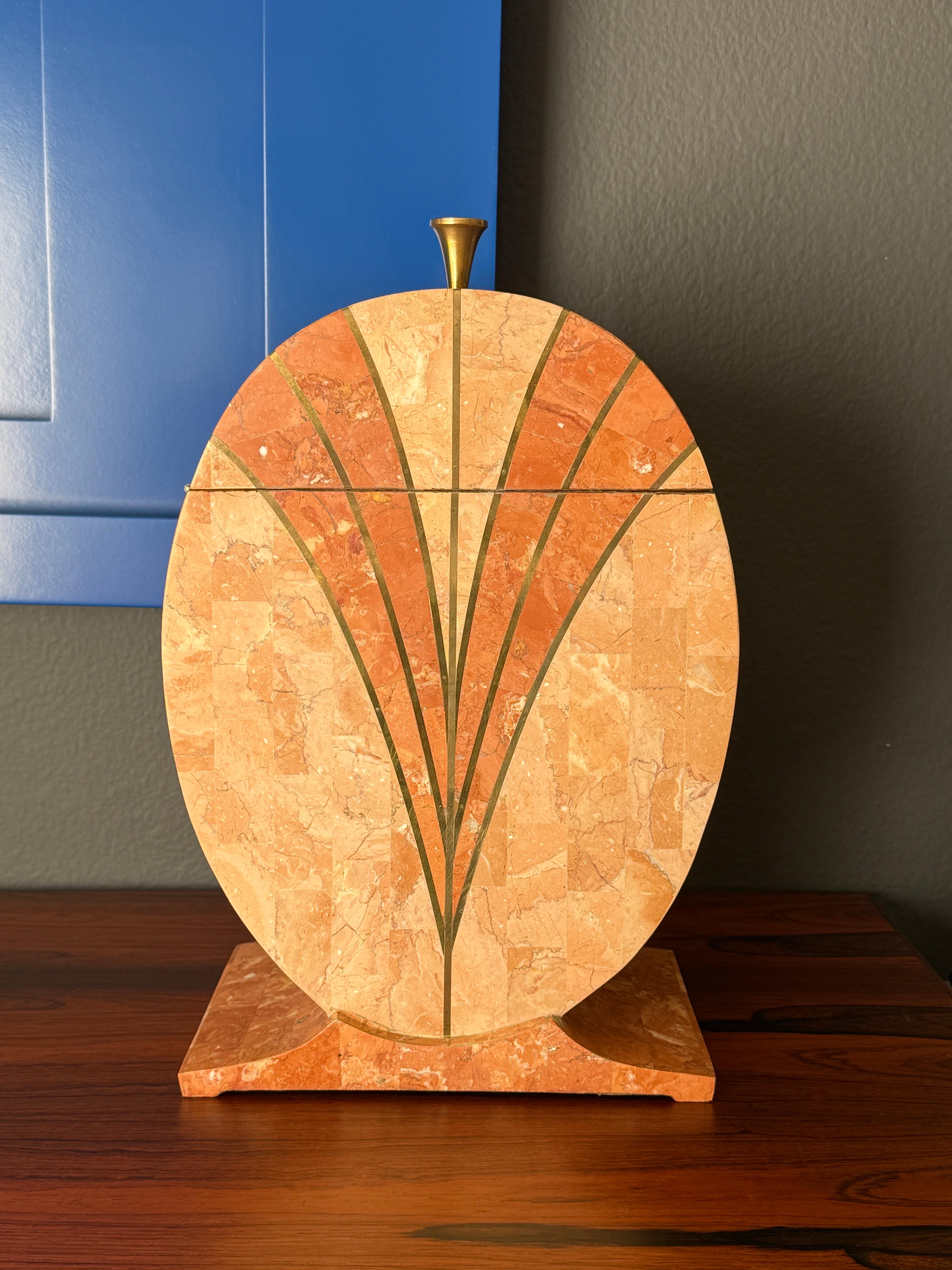 Tessellated pink / salmon stone decorative box with brass trim and velvet interior.